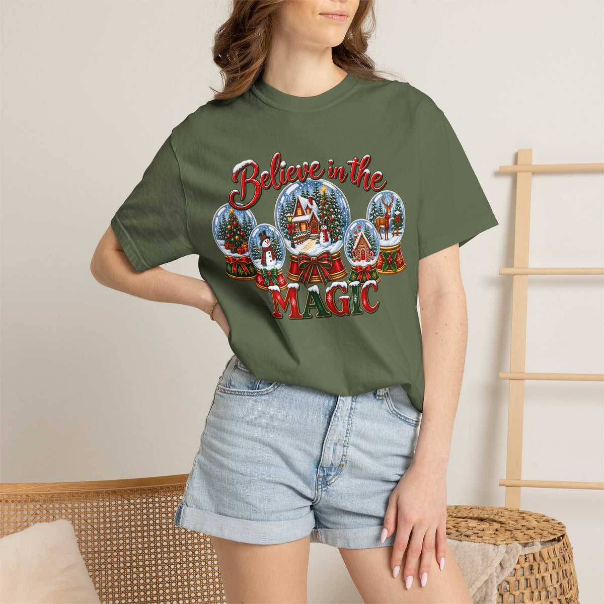 Comfort Colors Believe in the Magic Snow Globe Christmas T-shirt | Holiday Santa Village Design