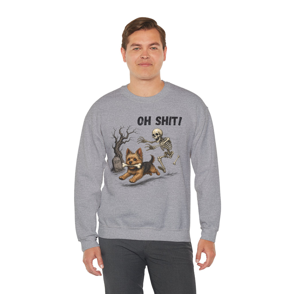 OH SHIT! Funny Skeleton Halloween Sweatshirt, Yorkie Terrier Dog Lover Shirt, Funny Fall Sweatshirt, Halloween Dog Mom Gift, Trick Treat