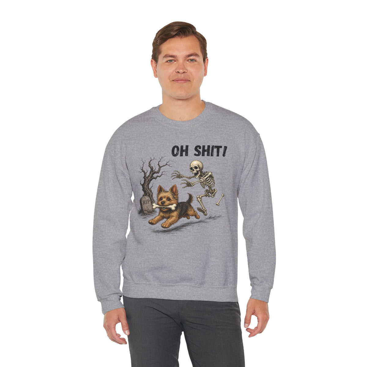OH SHIT! Funny Skeleton Halloween Sweatshirt, Yorkie Terrier Dog Lover Shirt, Funny Fall Sweatshirt, Halloween Dog Mom Gift, Trick Treat