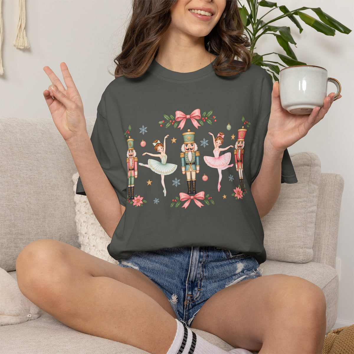 Comfort Colors Pastel Nutcracker Ballerina Christmas T- Shirt, Pink Nutcracker Crewneck, Cute Holiday Shirt, Girly Christmas Gift for Her