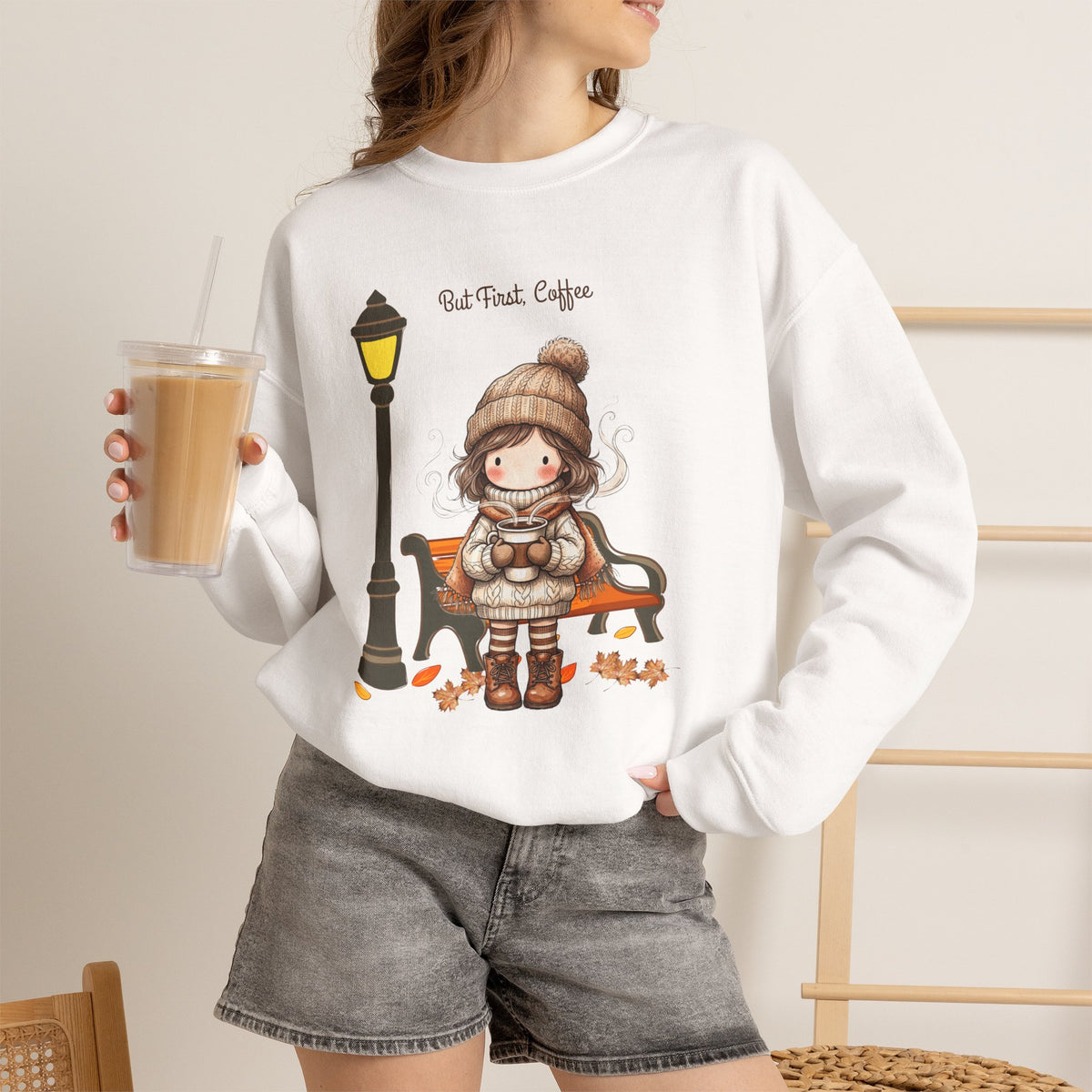 But First Coffee Sweatshirt, Fall Girl on Bench Shirt, Autumn Coffee Lover Crewneck, Cute Cozy Fall Sweatshirt, Coffee Gift for Her
