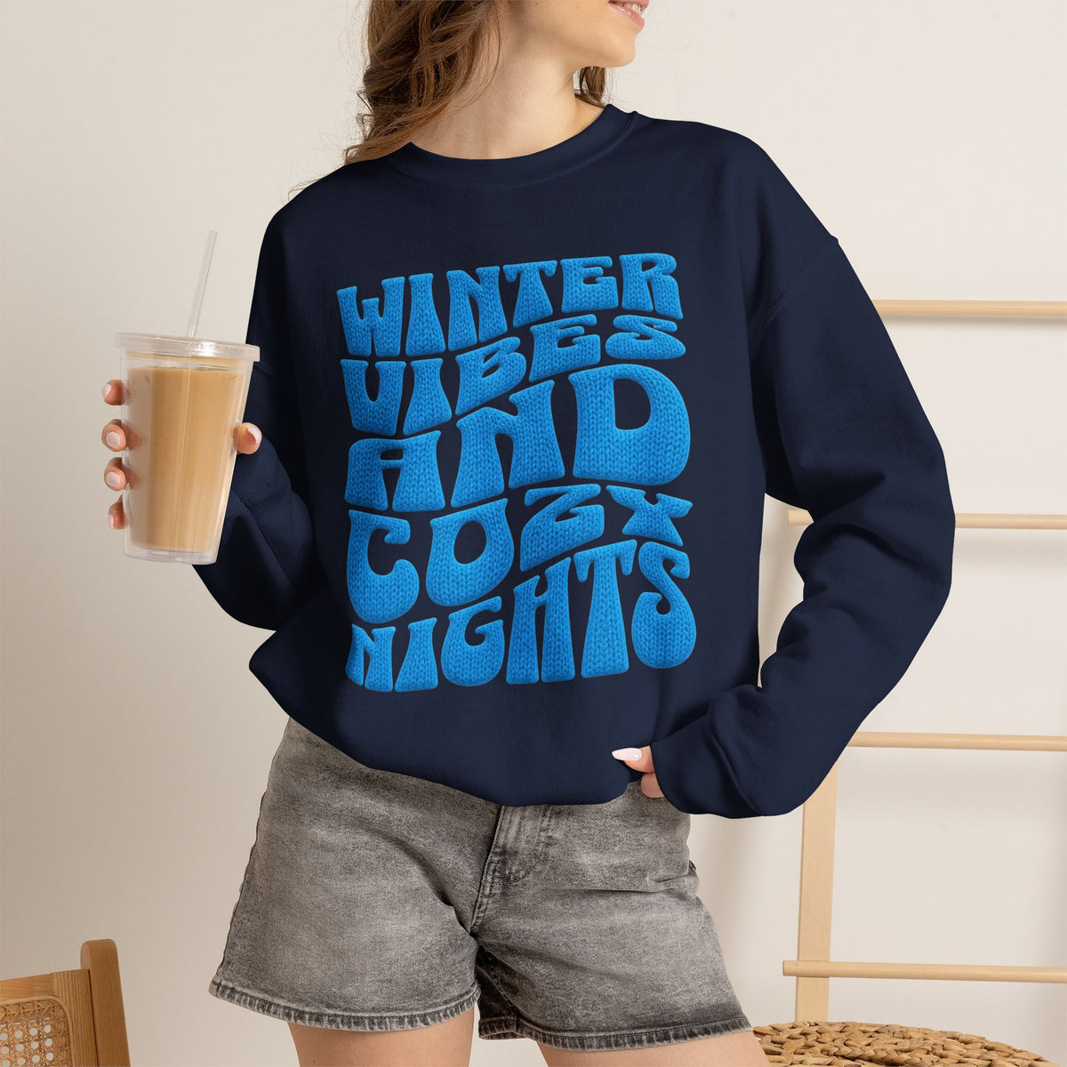 Winter Vibes And Cozy Nights Sweatshirt, Retro Wavy Bubble Letter Sweatshirt, Winter Quote Crewneck, Cozy Season Sweater, Trendy Winter Top