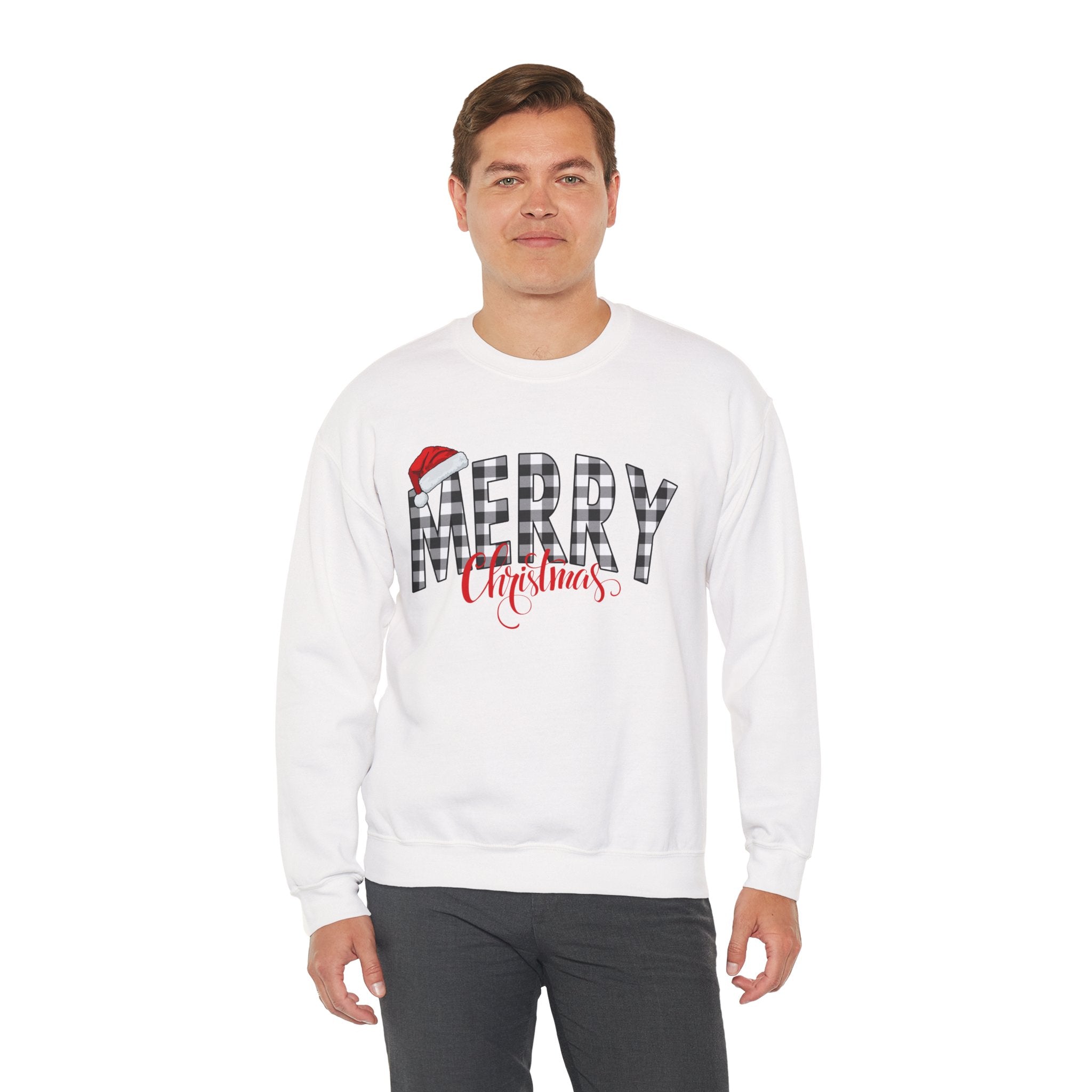 Merry Christmas Buffalo Plaid Sweatshirt, Santa Hat Christmas Sweatshirt, Plaid Christmas Shirt, Women's Holiday Sweatshirt, Christmas Gift