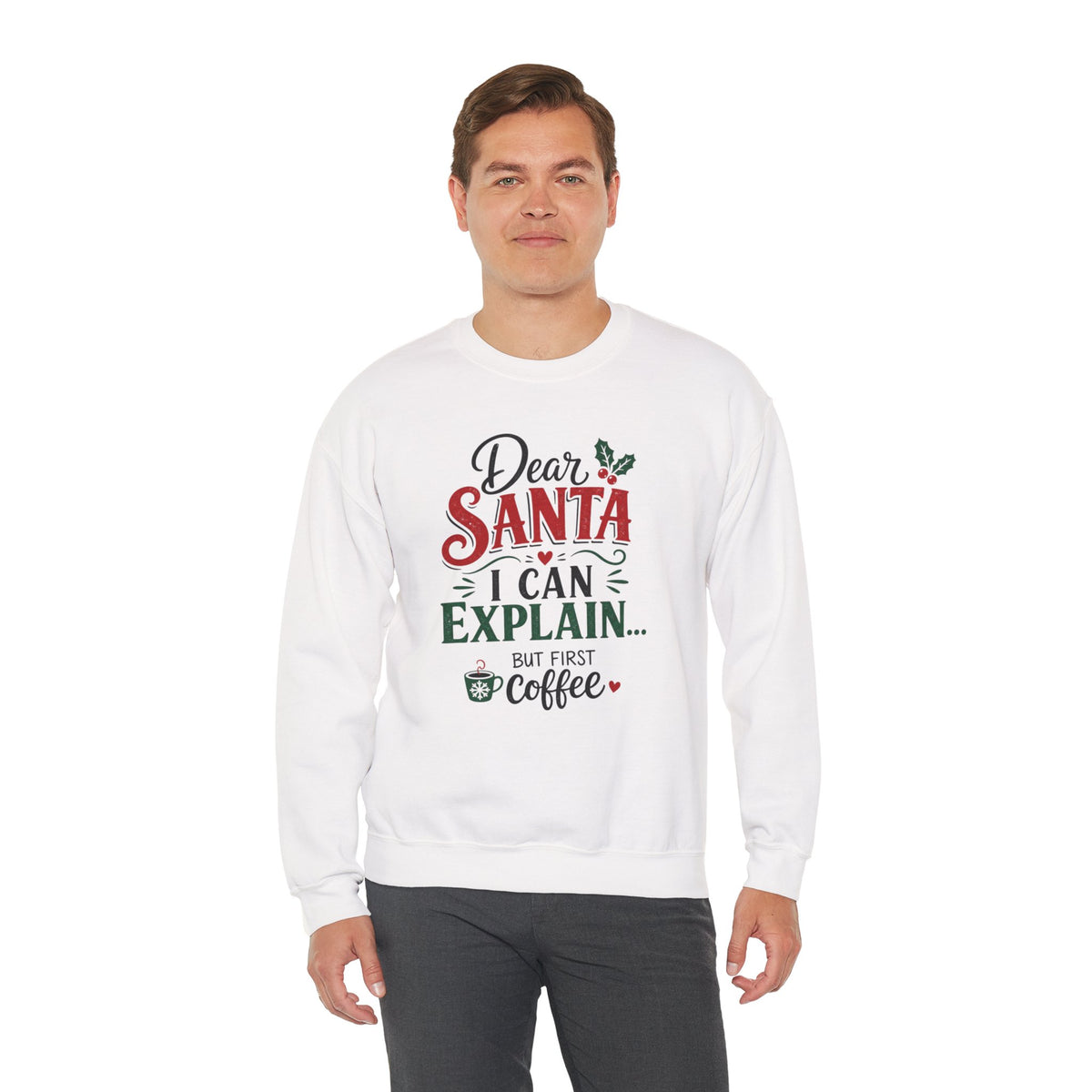 Dear Santa I Can Explain Sweatshirt, Funny Coffee Lover Christmas Shirt, Cute Holiday Crewneck, Sarcastic Xmas Coffee Gift for Her Women