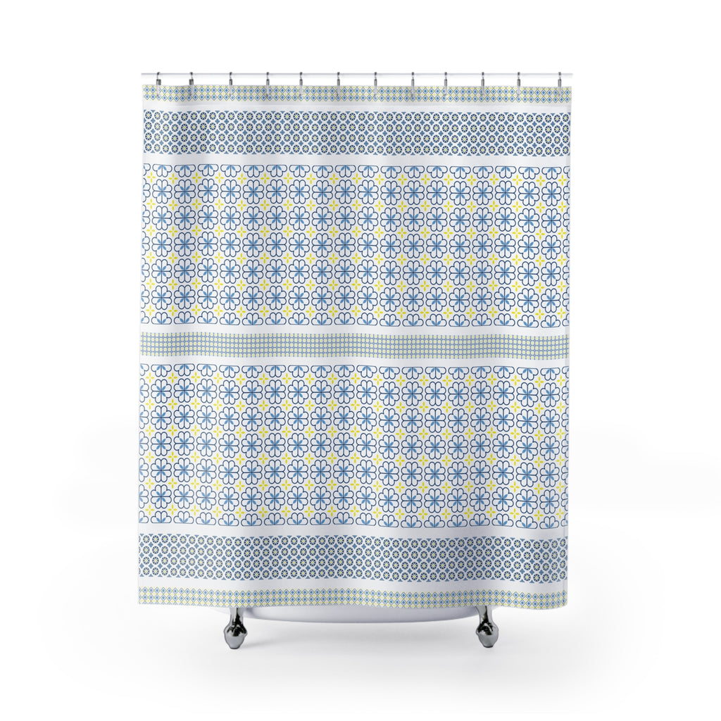 Moroccan Tile Shower Curtain, Blue Yellow Geometric Bathroom Decor, Mediterranean Boho Bath, Blue Mosaic Print, Farmhouse Bathroom
