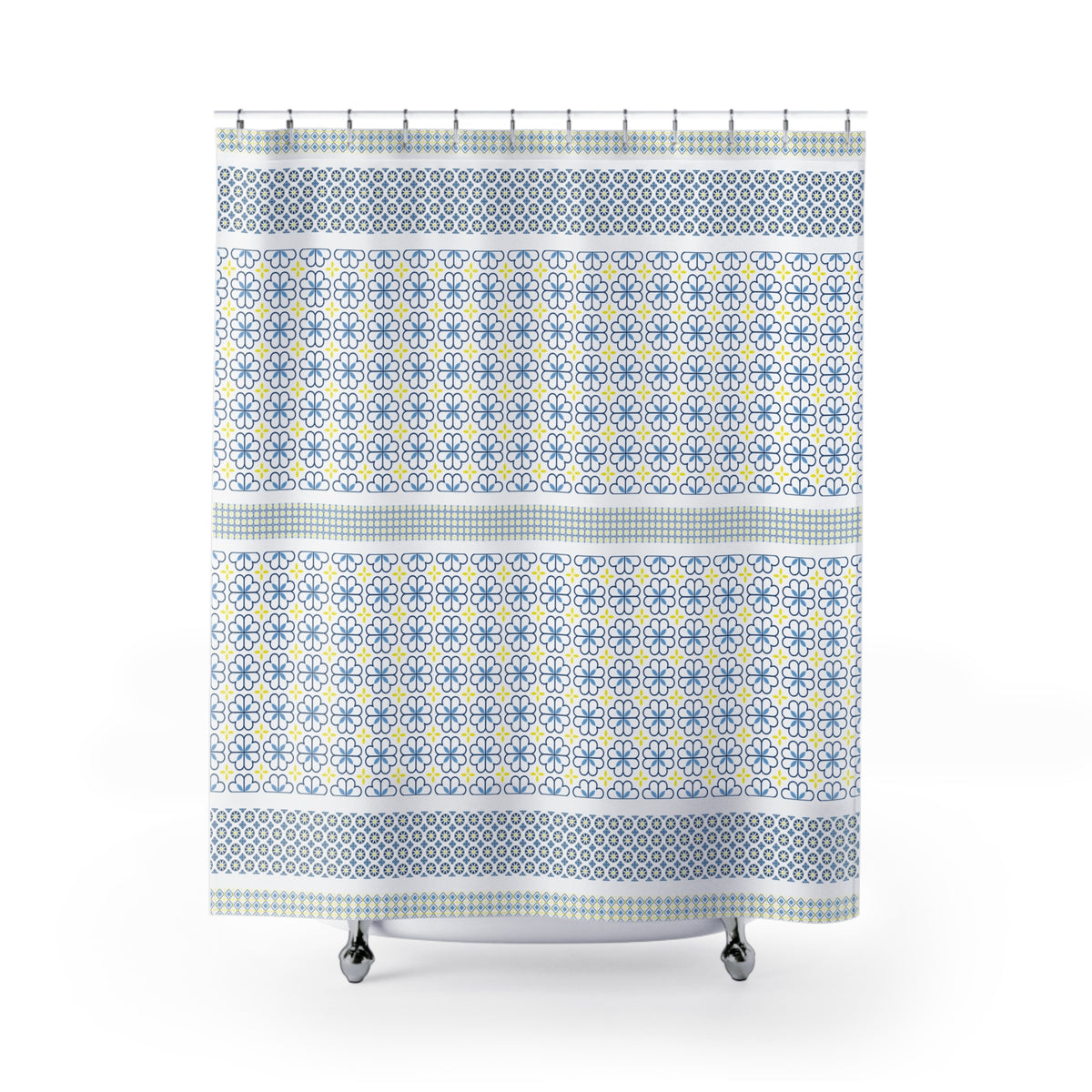 Moroccan Tile Shower Curtain, Blue Yellow Geometric Bathroom Decor, Mediterranean Boho Bath, Blue Mosaic Print, Farmhouse Bathroom