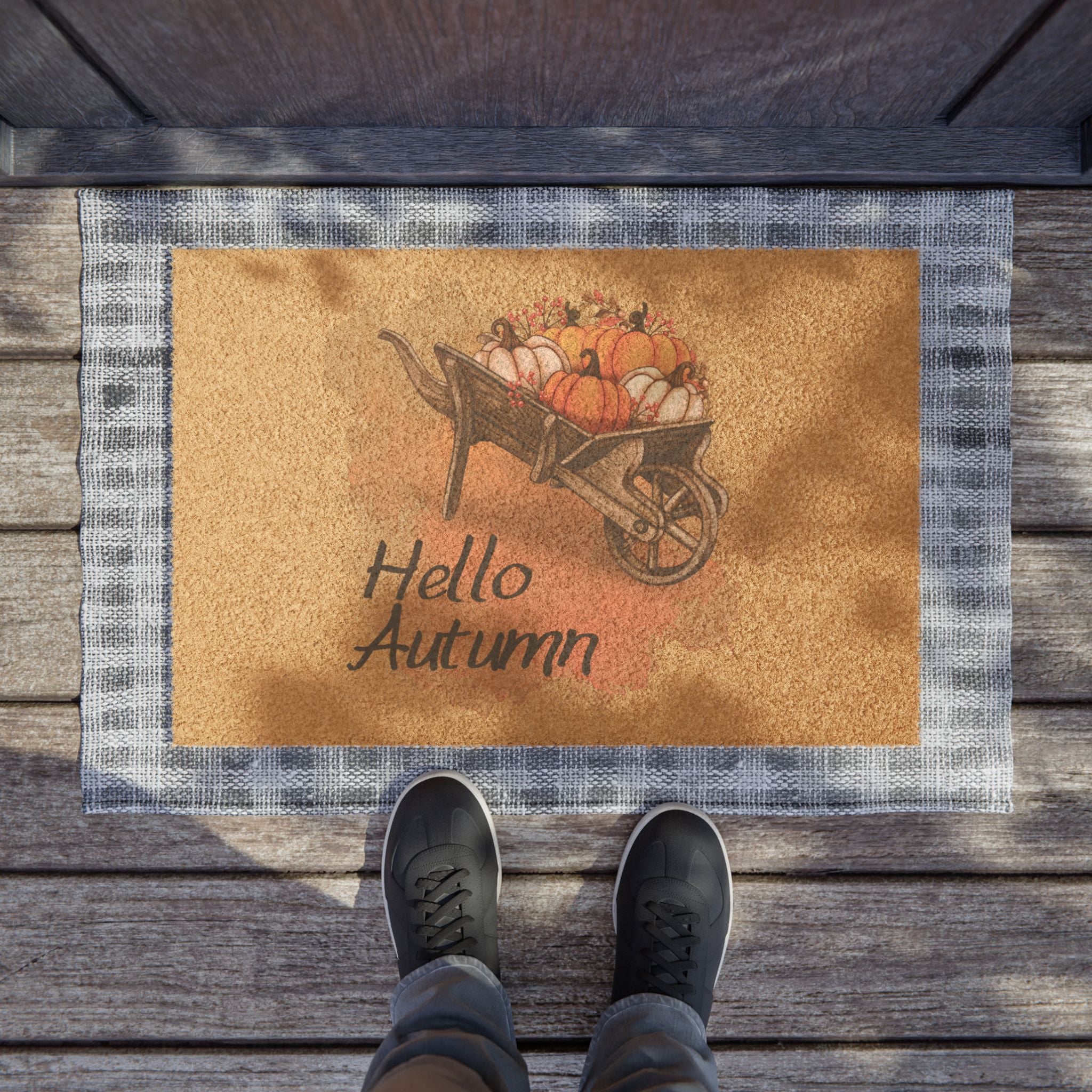 Hello Autumn Wheelbarrow Doormat — Fall Pumpkin Welcome Mat