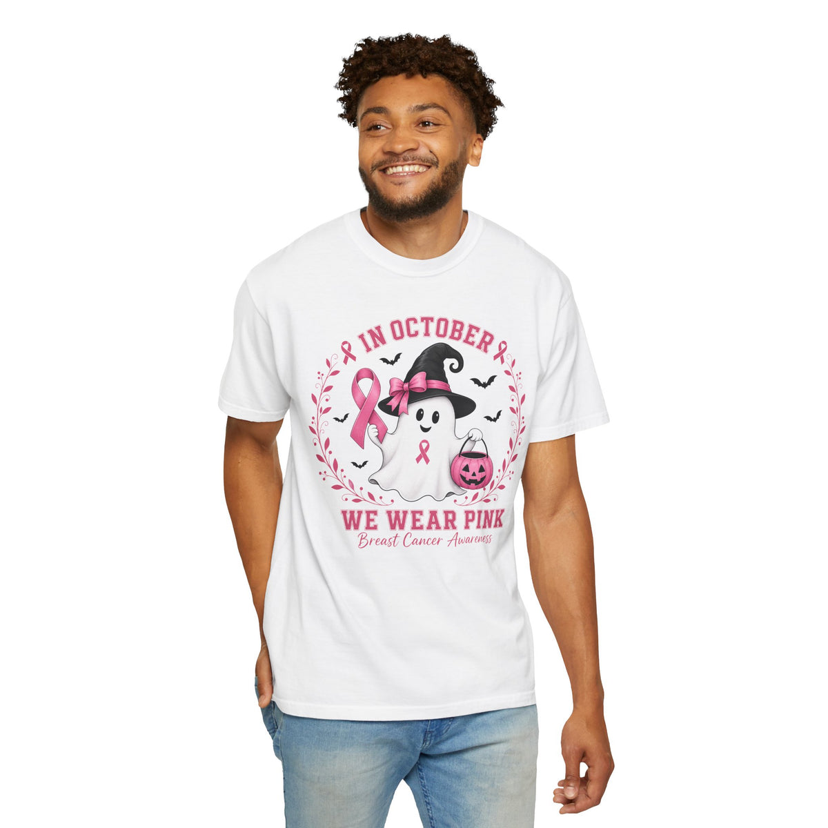 In October We Wear Pink Shirt, Breast Cancer Awareness Ghost Tee, Halloween Pink Ribbon Shirt, Cute Ghost Pumpkin Support Survivor Gift