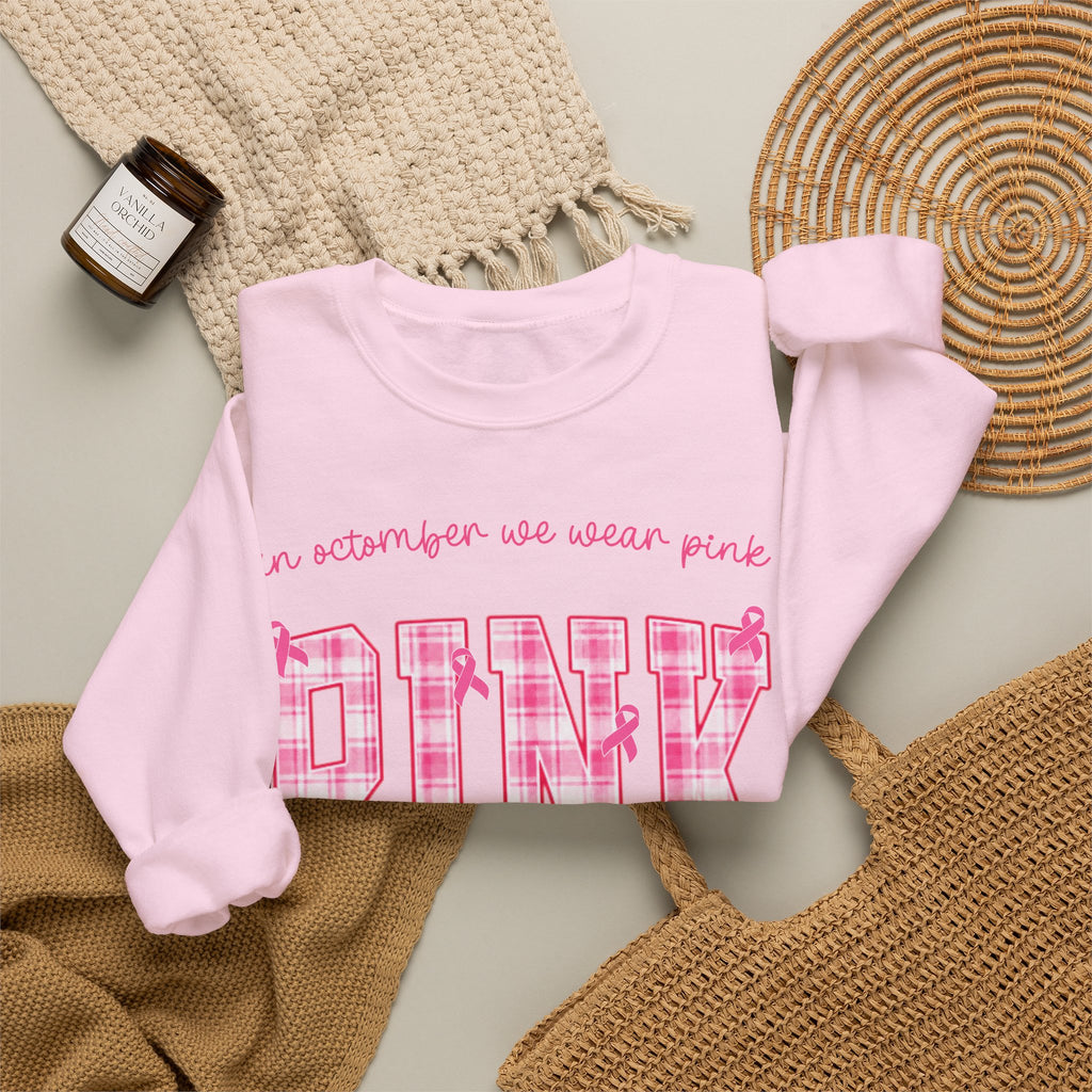 In October We Wear Pink Sweatshirt, Breast Cancer Awareness Top, Pink Plaid Design, Survivor Support Shirt, Pink Ribbon Top