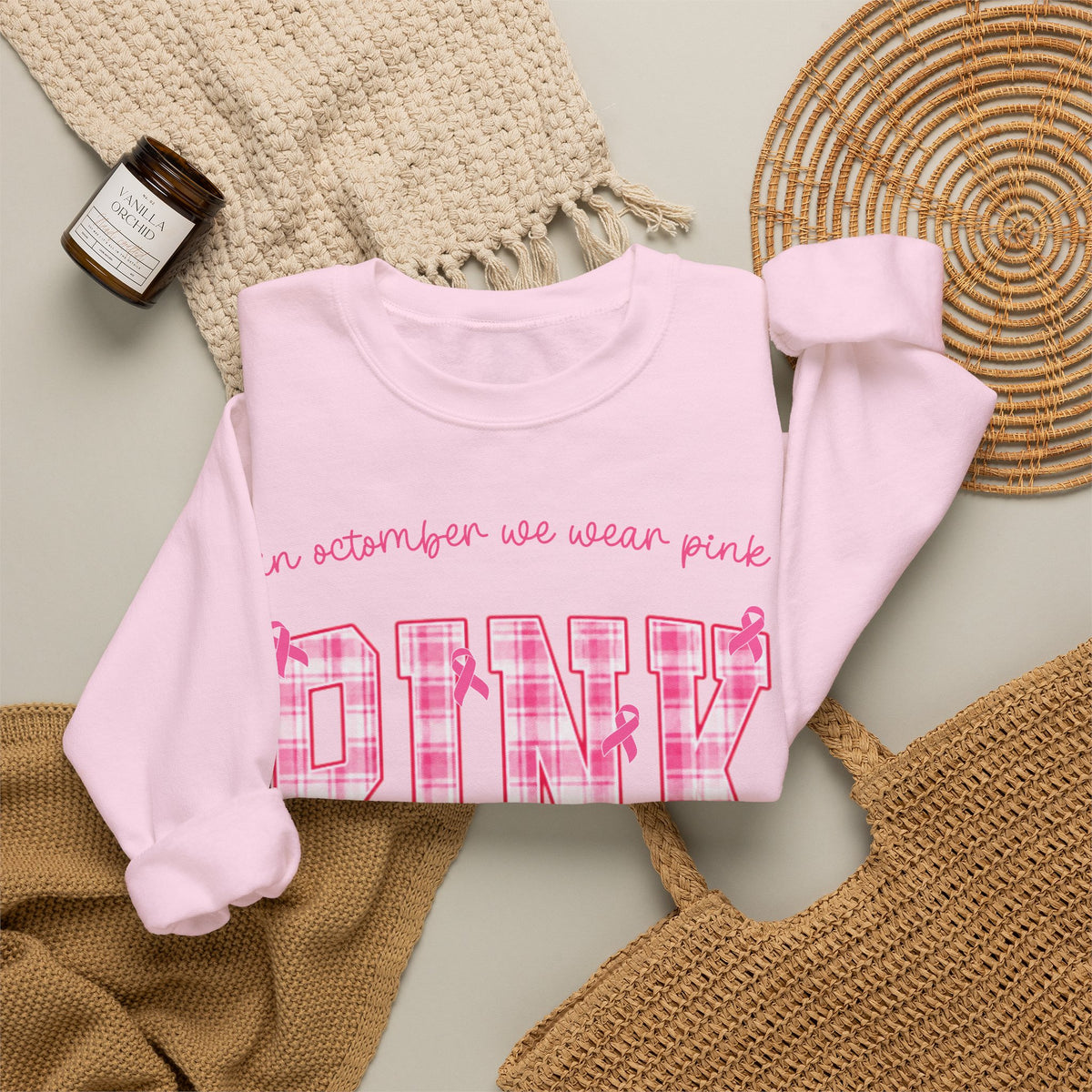 In October We Wear Pink Sweatshirt, Breast Cancer Awareness Top, Pink Plaid Design, Survivor Support Shirt, Pink Ribbon Top