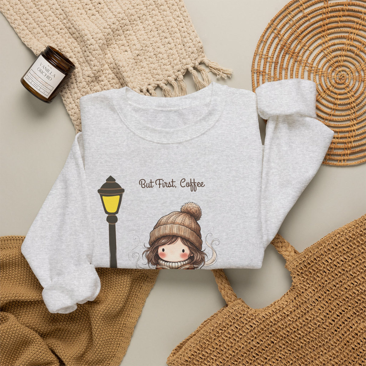 But First Coffee Sweatshirt, Fall Girl on Bench Shirt, Autumn Coffee Lover Crewneck, Cute Cozy Fall Sweatshirt, Coffee Gift for Her