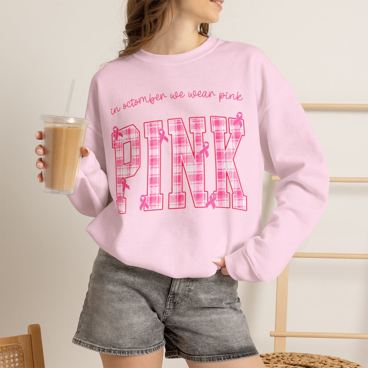 In October We Wear Pink Sweatshirt, Breast Cancer Awareness Top, Pink Plaid Design, Survivor Support Shirt, Pink Ribbon Top