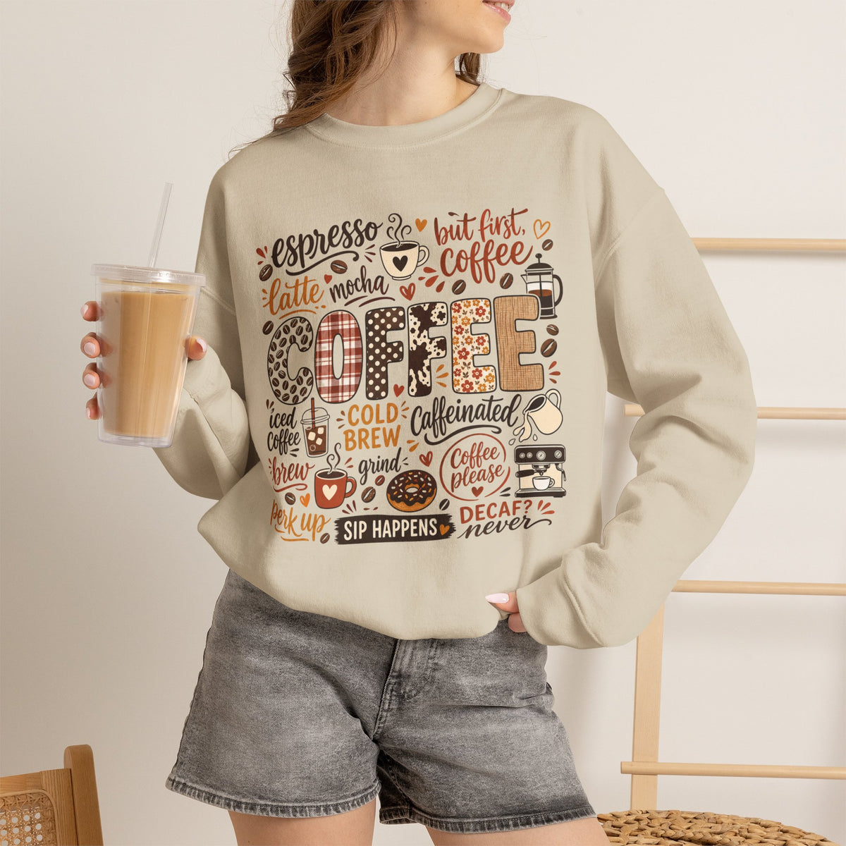 Coffee Lover Word Collage, Funny Coffee Quotes Design, Espresso Latte Mocha Iced Coffee Shirt Design, Sip Happens