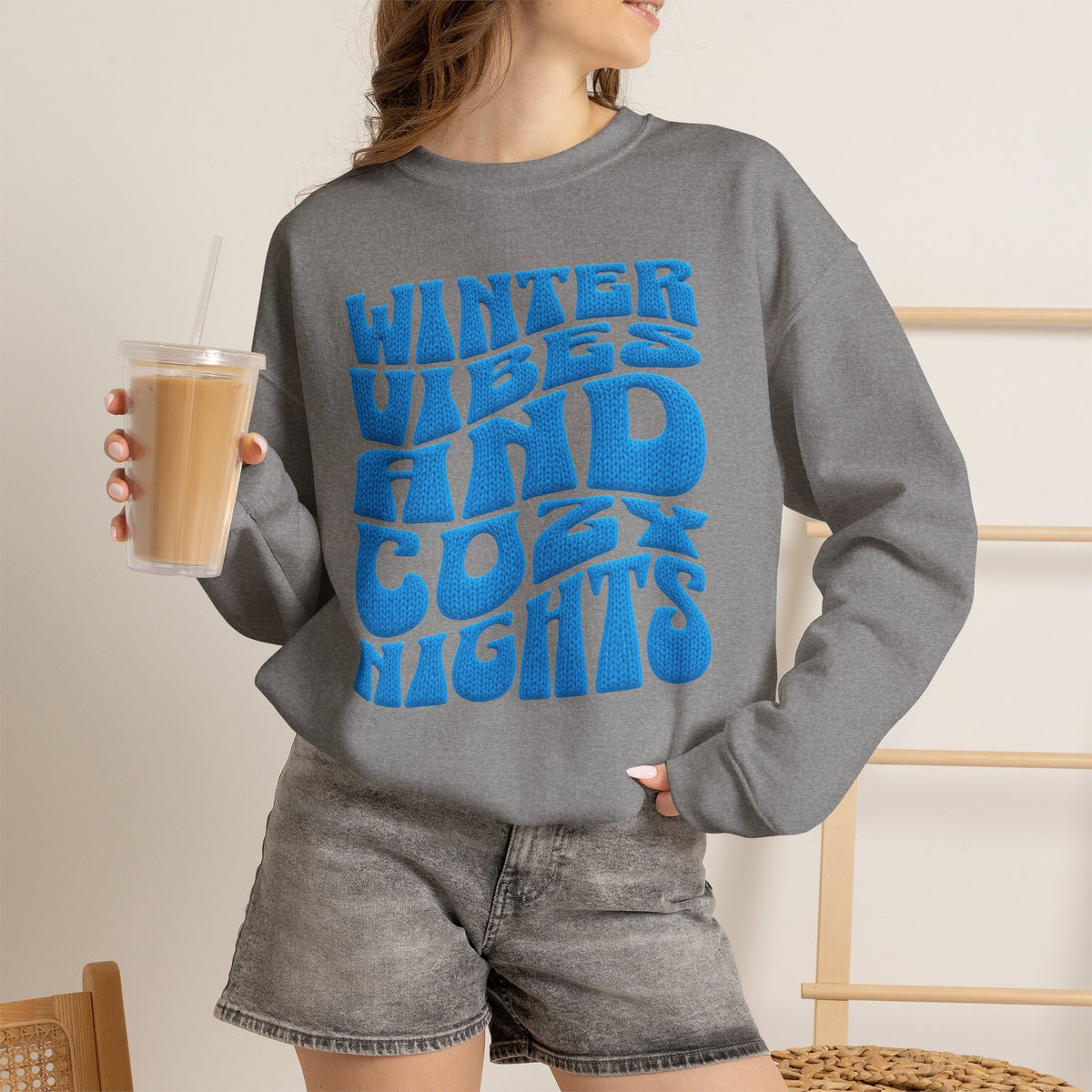 Winter Vibes And Cozy Nights Sweatshirt, Retro Wavy Bubble Letter Sweatshirt, Winter Quote Crewneck, Cozy Season Sweater, Trendy Winter Top