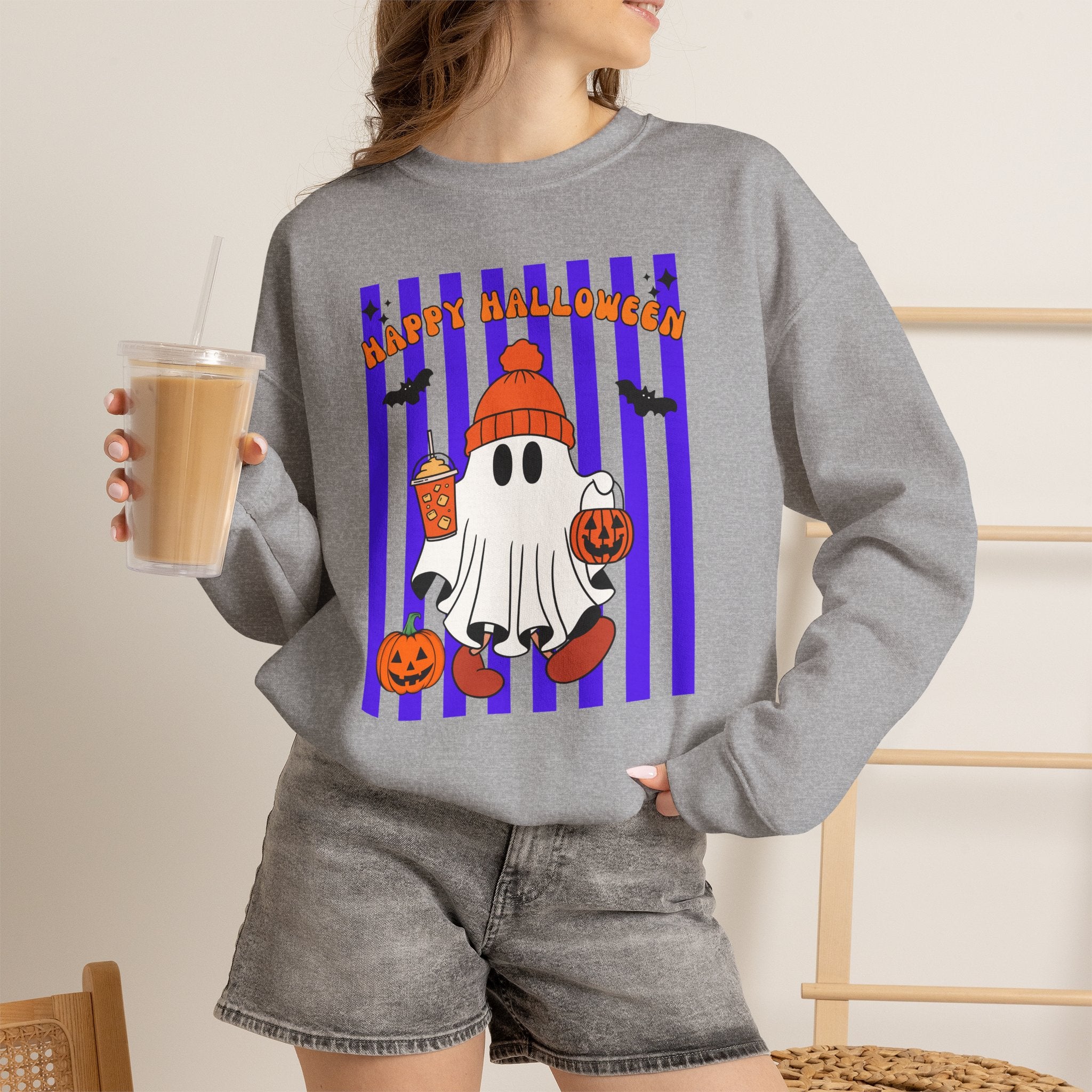 Boo Ghost Halloween Sweatshirt, Cute Ghost Pumpkin Striped Crewneck, Witch Hat Ghost Shirt, Fall Halloween Sweater, Halloween Gift