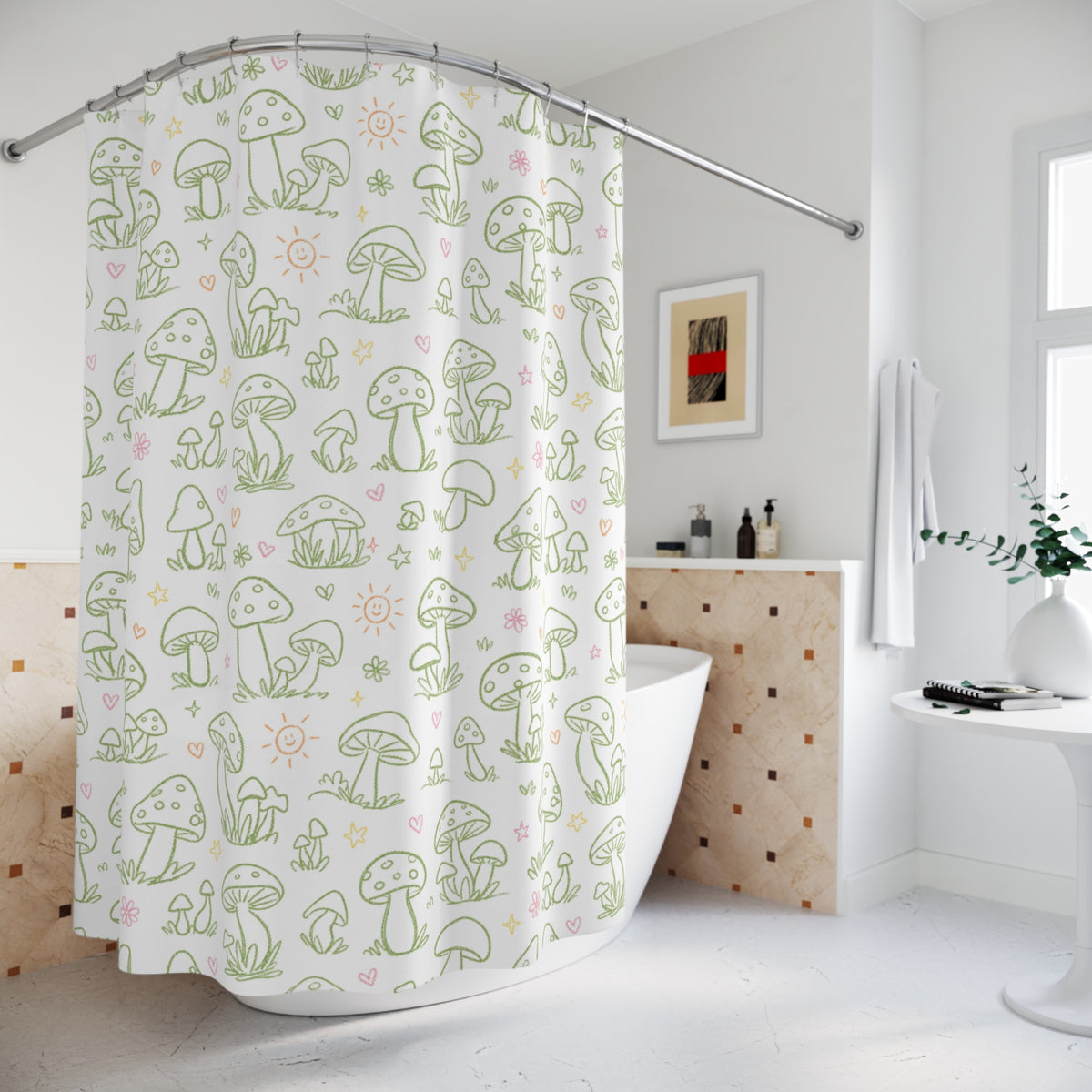 Green Mushroom Shower Curtain, Whimsical Botanical Bathroom Decor, Cottagecore Mushroom Print, Cute Fungi Bath Curtain, Sage Green Decor