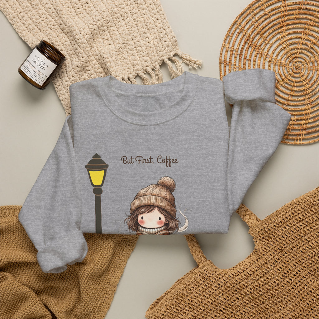 But First Coffee Sweatshirt, Fall Girl on Bench Shirt, Autumn Coffee Lover Crewneck, Cute Cozy Fall Sweatshirt, Coffee Gift for Her