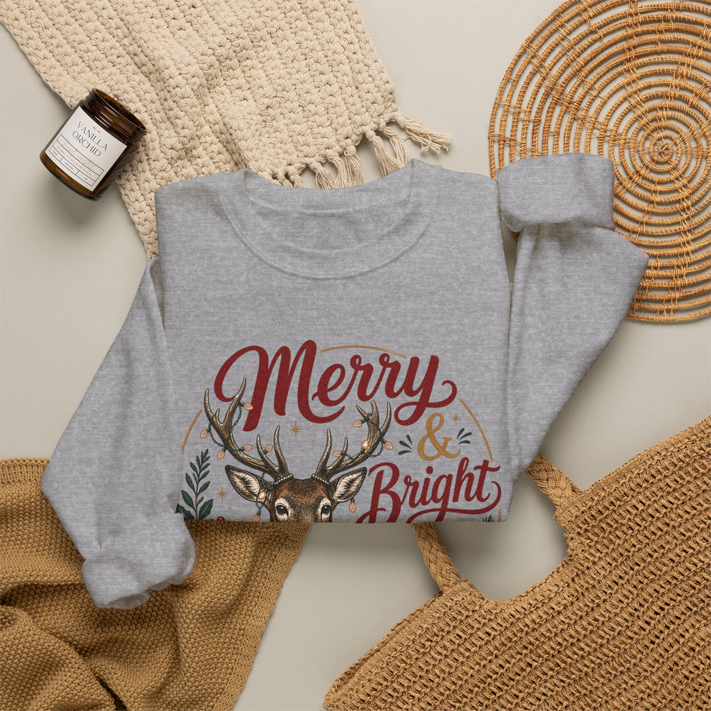 Merry & Bright Deer Sweatshirt, Christmas Reindeer Crewneck, Making Spirits Bright Shirt, Plaid Scarf Deer Sweater, Xmas Gift for Her
