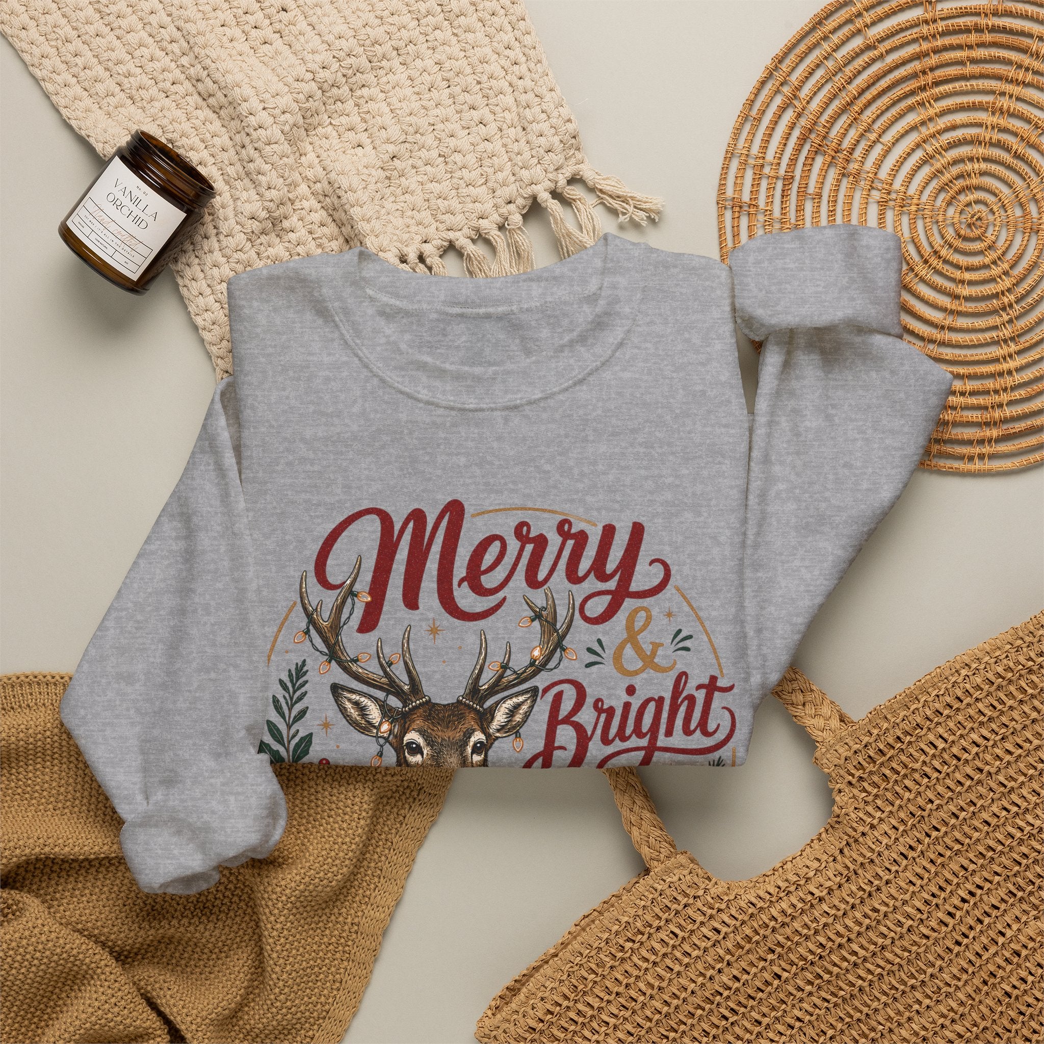 Merry & Bright Deer Sweatshirt, Christmas Reindeer Crewneck, Making Spirits Bright Shirt, Plaid Scarf Deer Sweater, Xmas Gift for Her
