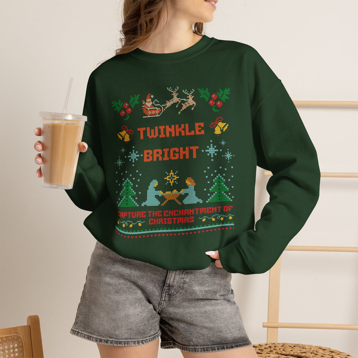 Nativity Christmas Sweatshirt, Twinkle Bright Ugly Christmas Sweater Style, Faux Cross Stitch Santa Reindeer Holiday Crewneck Gift