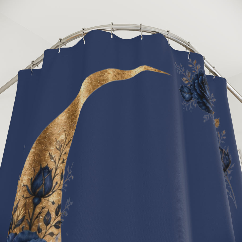 Navy Blue Gold Moon Shower Curtain, Celestial Rose Bathroom Decor, Moody Floral Crescent Moon Bath Curtain, Elegant Boho Home Gift