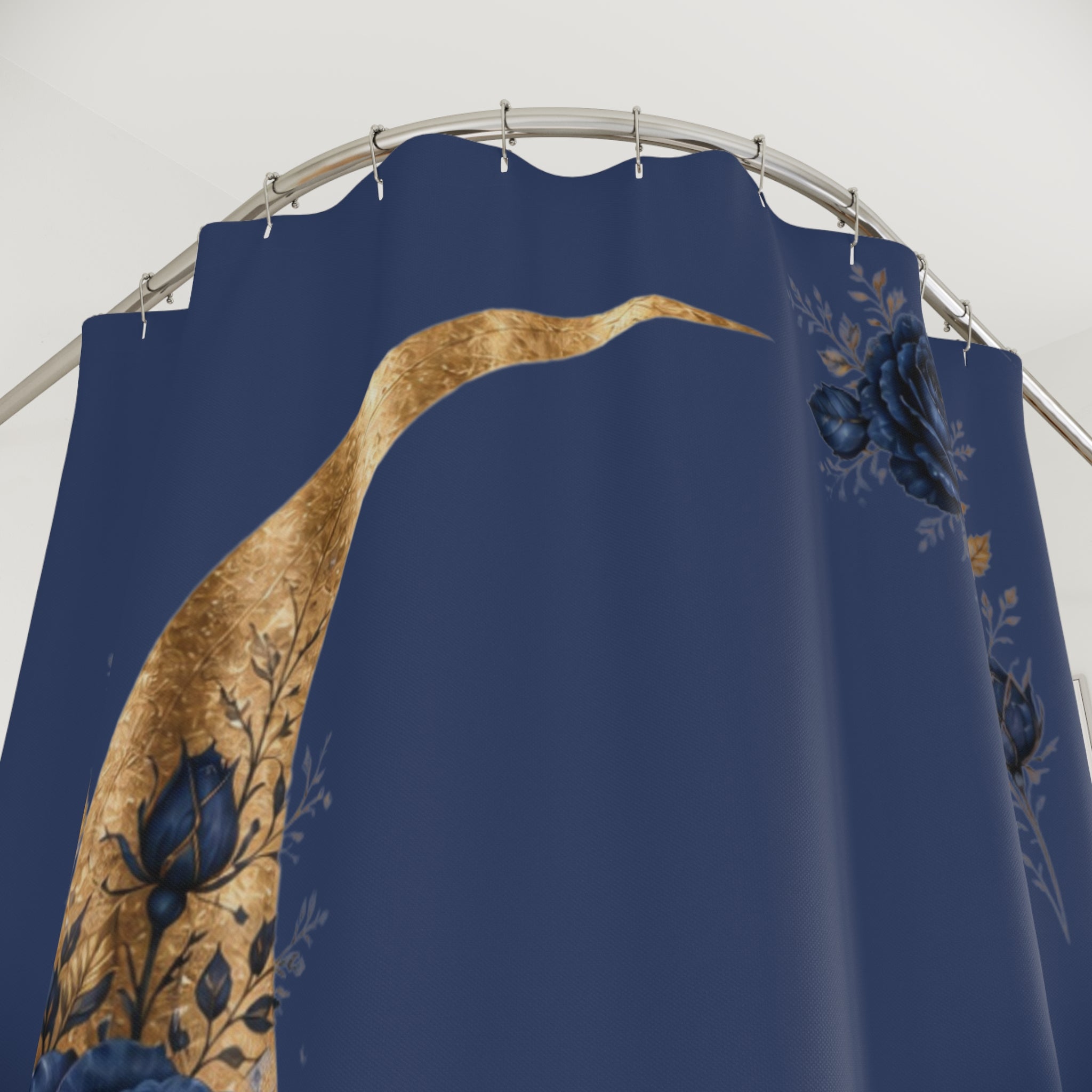 Navy Blue Gold Moon Shower Curtain, Celestial Rose Bathroom Decor, Moody Floral Crescent Moon Bath Curtain, Elegant Boho Home Gift