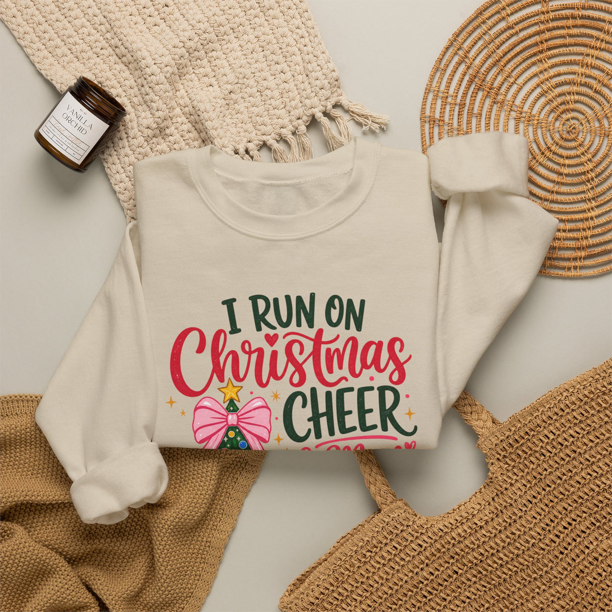 Christmas Mom Sweatshirt, I Run On Christmas Cheer And Mom Fuel, Funny Holiday Shirt, Coffee Lover Mom Gift, Xmas Tree Crewneck