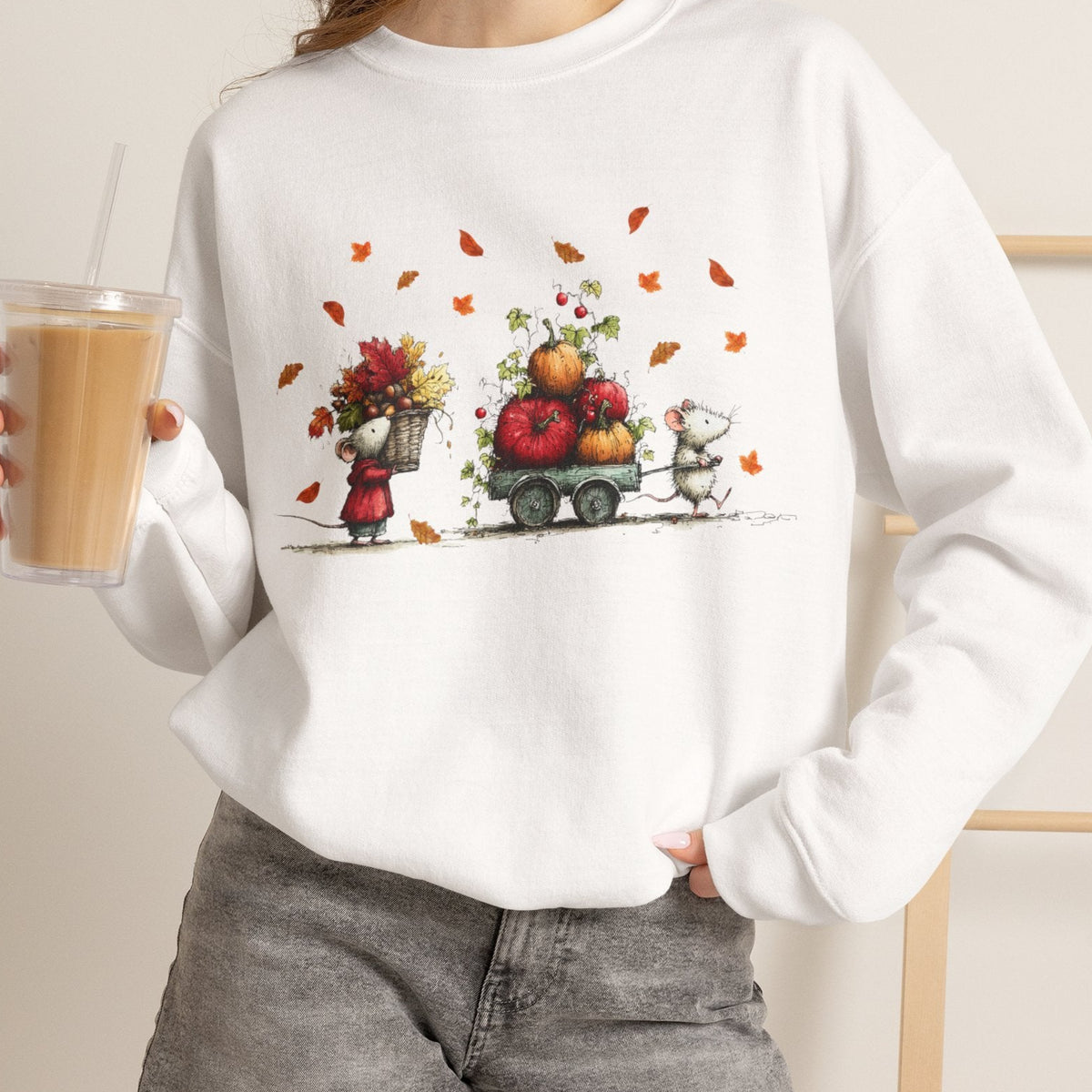 Fall Pumpkin Wagon Cute Autumn Harvest Sweatshirt, Thanksgiving Fall Leaves Shirt, Watercolor Pumpkin Apple Cart, Gift for Fall Lovers