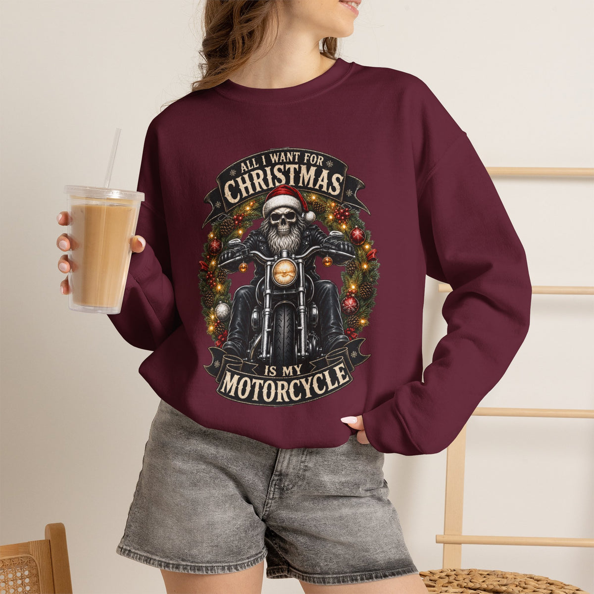 Skeleton Biker Christmas Sweatshirt, All I Want For Christmas Is My Motorcycle Shirt, Funny Biker Xmas Gift, Santa Skull Motorcycle Sweater