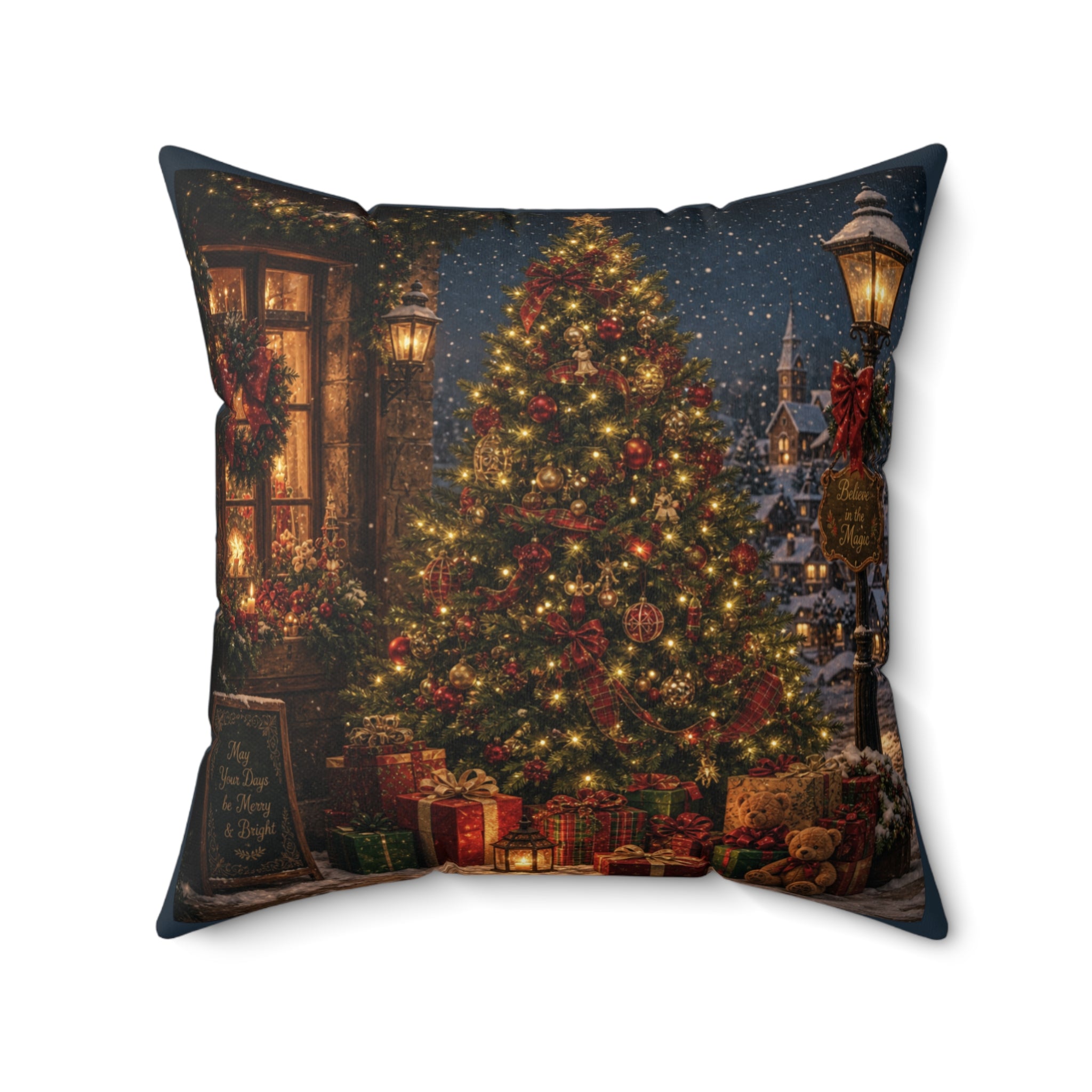 Christmas Tree Throw Pillow Cover, Vintage Holiday Village Night Scene Pillow Case, Nostalgic Xmas Decor, Cozy Winter Cushion Cover Gift