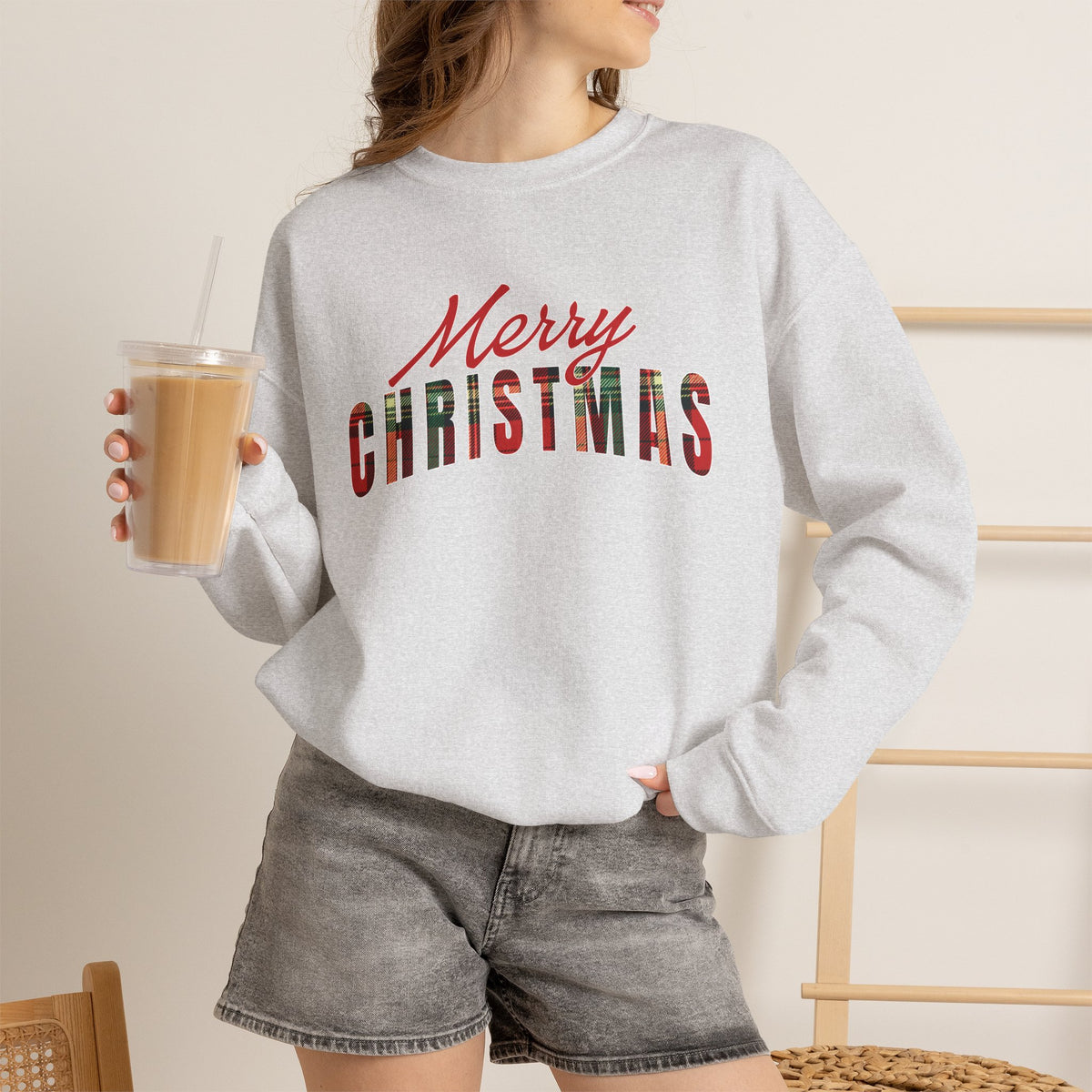 Merry Christmas Sweatshirt, Plaid Christmas Sweater, Buffalo Plaid Holiday Crewneck, Cozy Xmas Shirt, Women's Christmas Gift
