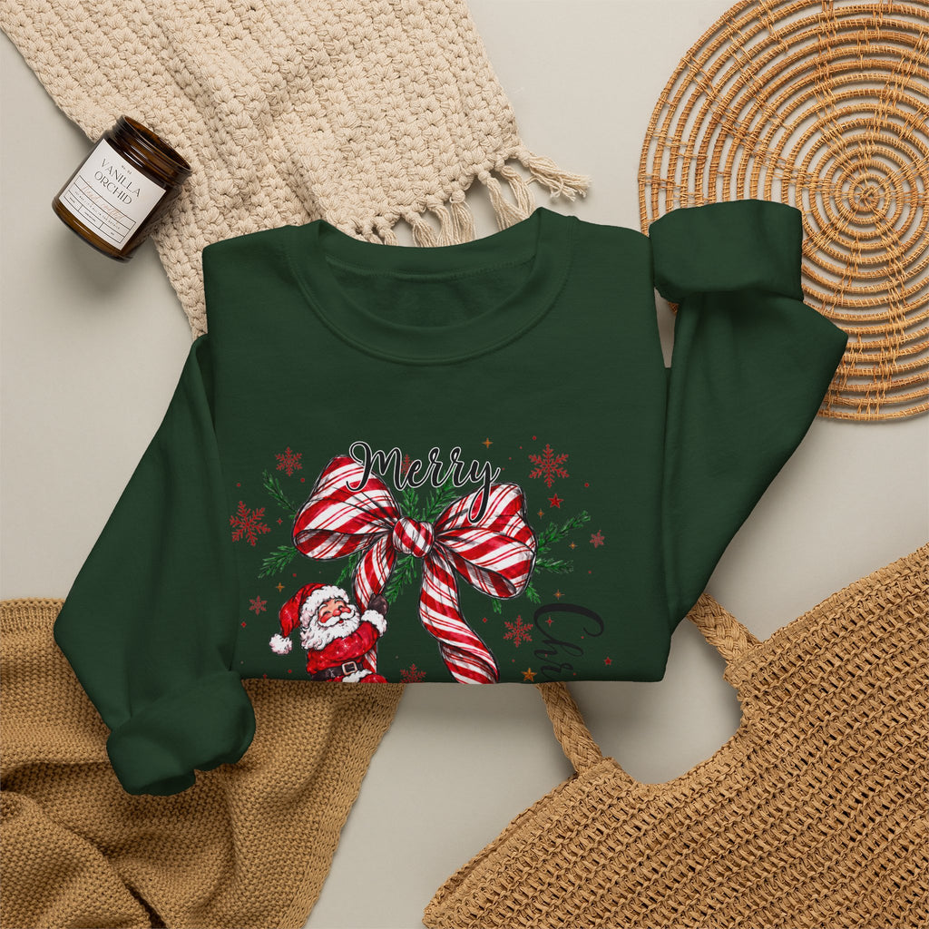Merry Christmas Sweatshirt, Santa Bow Candy Cane Sweatshirt, Christmas Snowflake Sweatshirt, Womens Holiday Sweatshirt, Christmas Gift