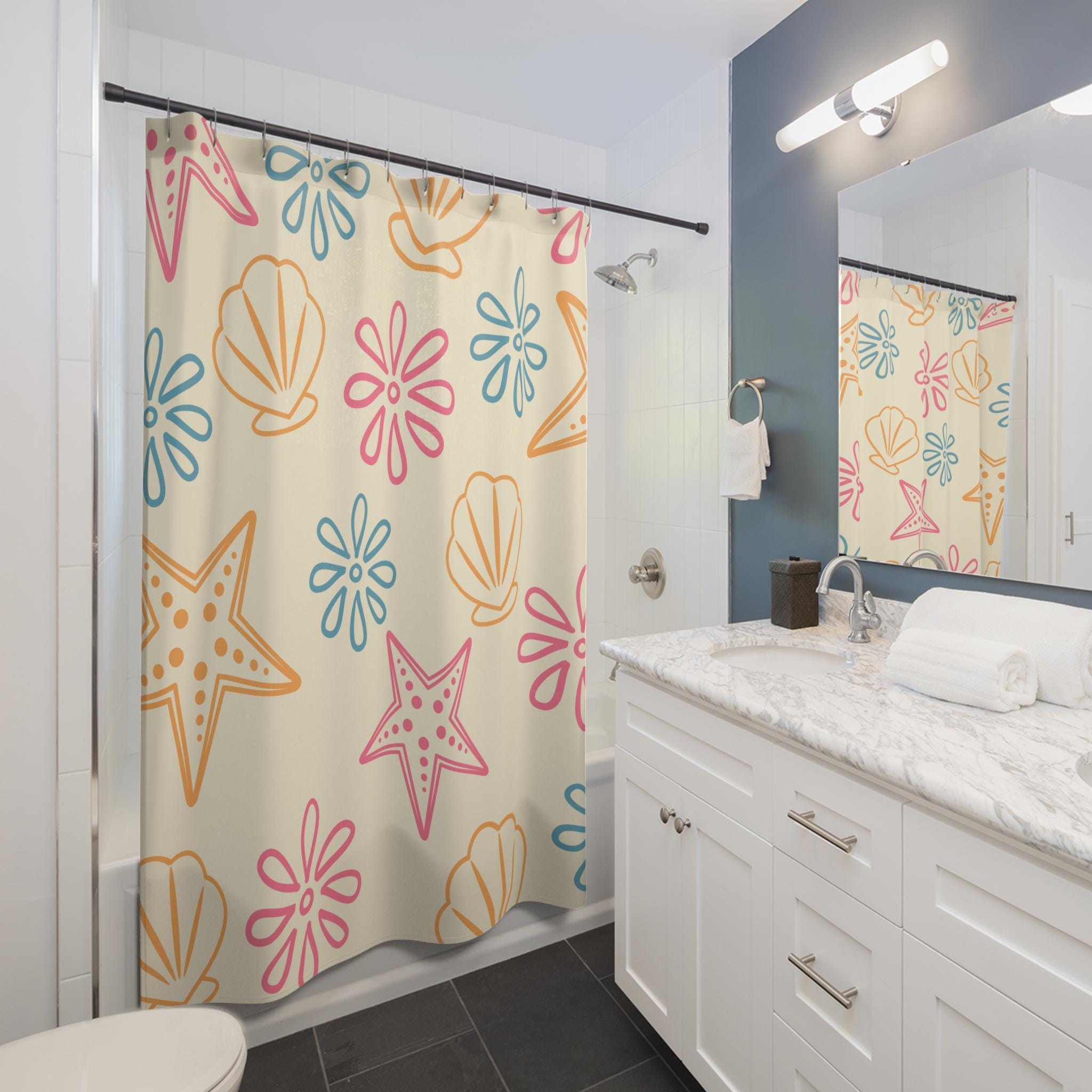 Sea Shells and Starfish Shower Curtain Beach Floral Pattern, New Home Gift Deco, Vacation Beach or Lake Home Deco, Graphic Curtain Bathroom