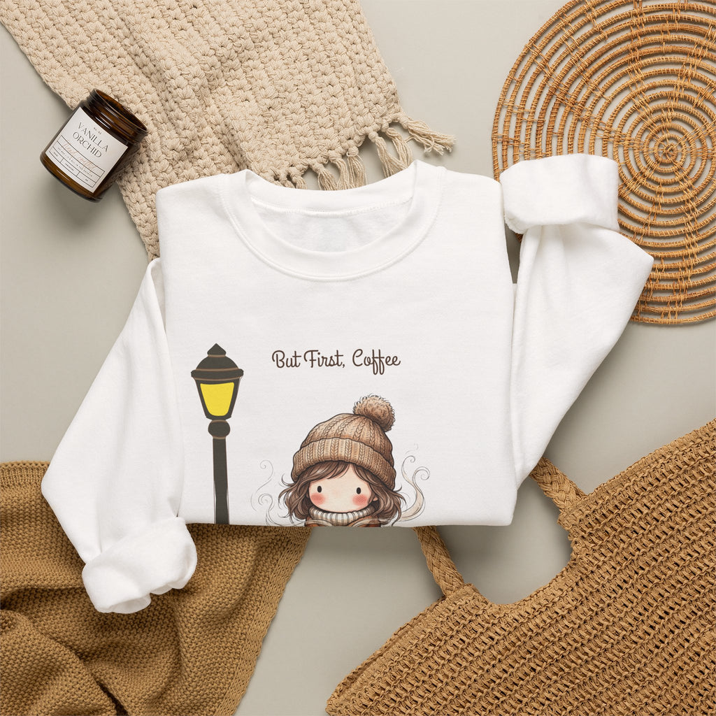 But First Coffee Sweatshirt, Fall Girl on Bench Shirt, Autumn Coffee Lover Crewneck, Cute Cozy Fall Sweatshirt, Coffee Gift for Her