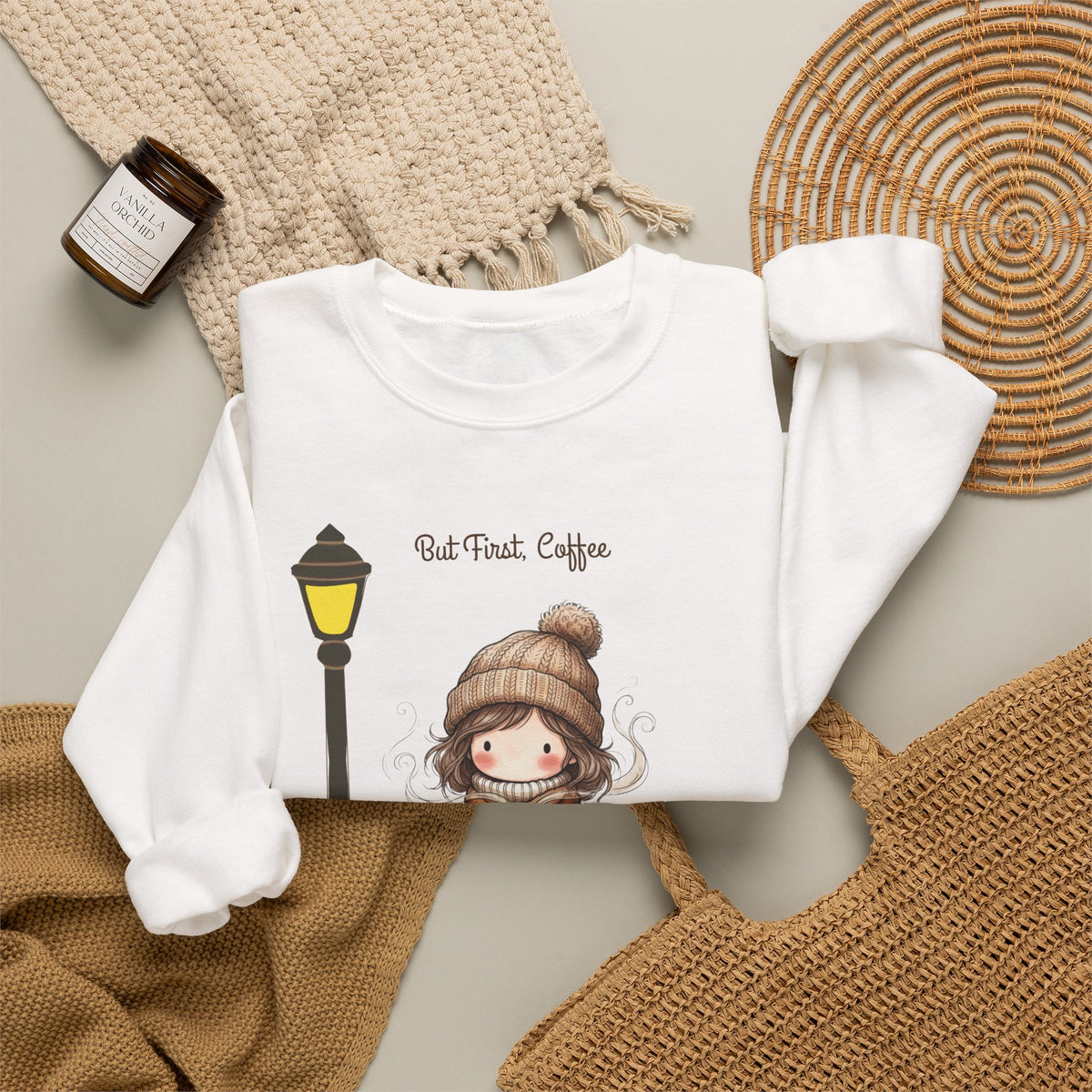 But First Coffee Sweatshirt, Fall Girl on Bench Shirt, Autumn Coffee Lover Crewneck, Cute Cozy Fall Sweatshirt, Coffee Gift for Her