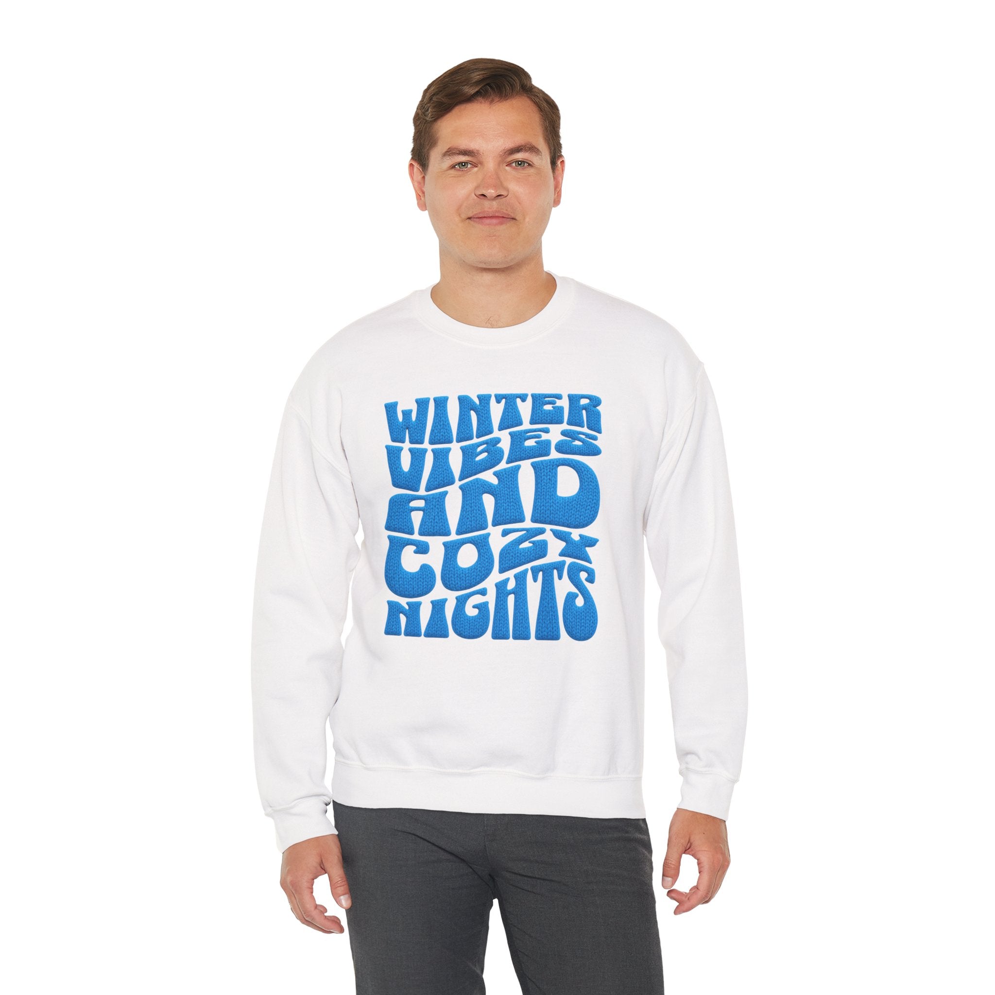 Winter Vibes And Cozy Nights Sweatshirt, Retro Wavy Bubble Letter Sweatshirt, Winter Quote Crewneck, Cozy Season Sweater, Trendy Winter Top