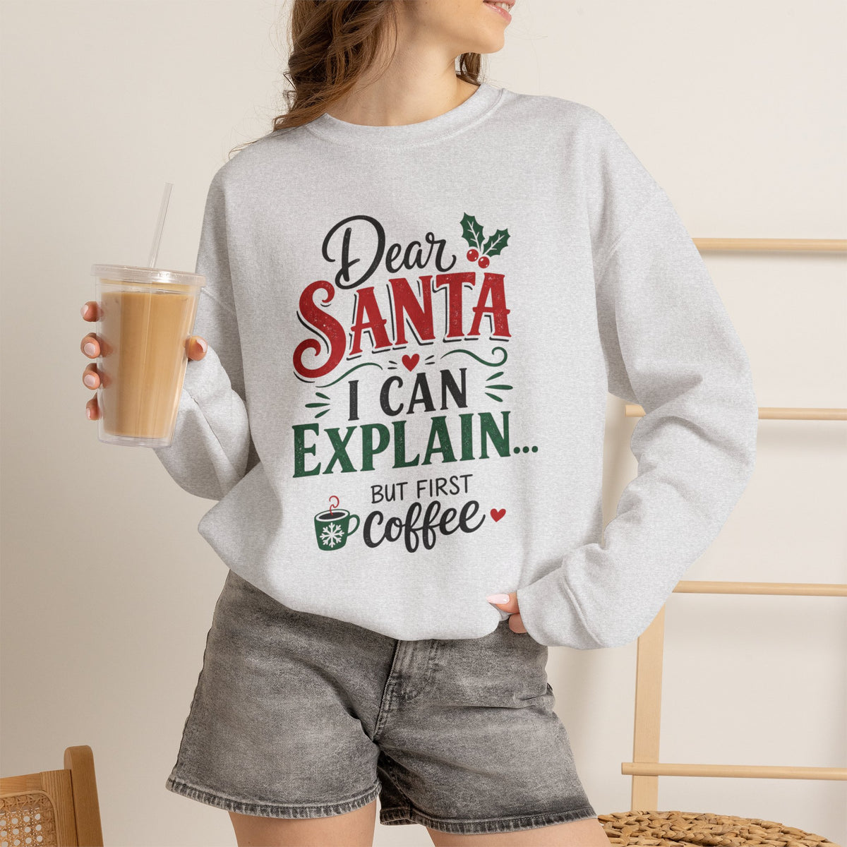 Dear Santa I Can Explain Sweatshirt, Funny Coffee Lover Christmas Shirt, Cute Holiday Crewneck, Sarcastic Xmas Coffee Gift for Her Women