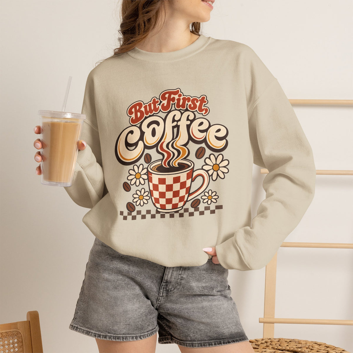 But First Coffee Shirt, Retro Checkered Mug Daisy Sweatshirt, Groovy Coffee Lover Tee, Trendy Coffee Shirt, Retro Floral Coffee Gift Shirt