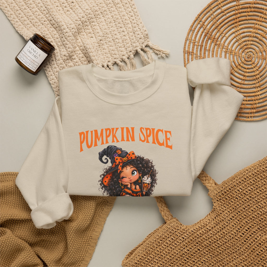 Pumpkin Spice and Everything Nice Sweatshirt, Curly Hair Girl Fall Crewneck, Halloween Pumpkin Sweater, Autumn Coffee Fall Shirt Gift