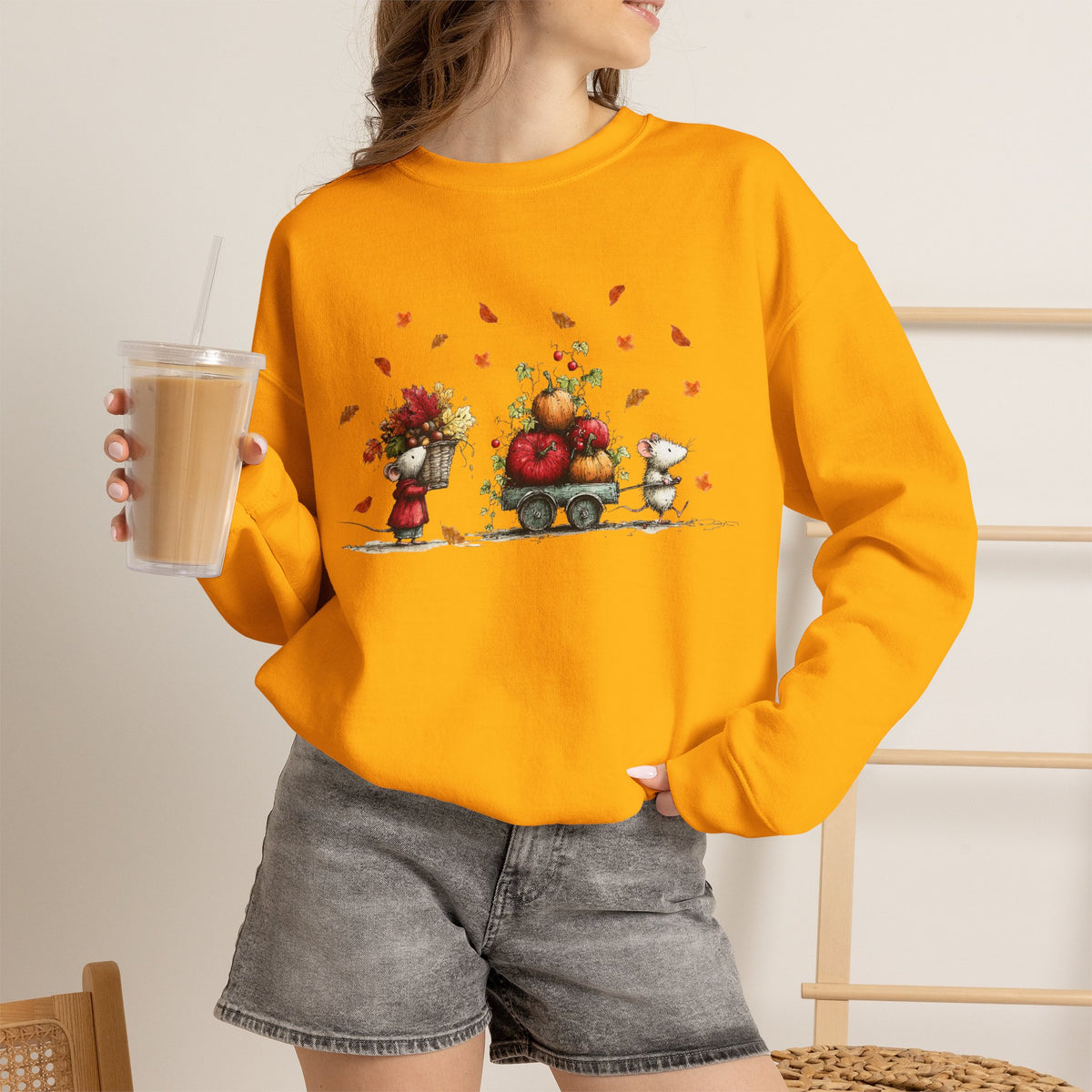 Fall Pumpkin Wagon Cute Autumn Harvest Sweatshirt, Thanksgiving Fall Leaves Shirt, Watercolor Pumpkin Apple Cart, Gift for Fall Lovers