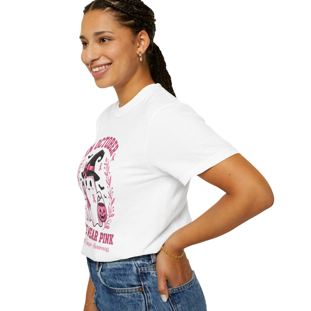 In October We Wear Pink Shirt, Breast Cancer Awareness Ghost Tee, Halloween Pink Ribbon Shirt, Cute Ghost Pumpkin Support Survivor Gift