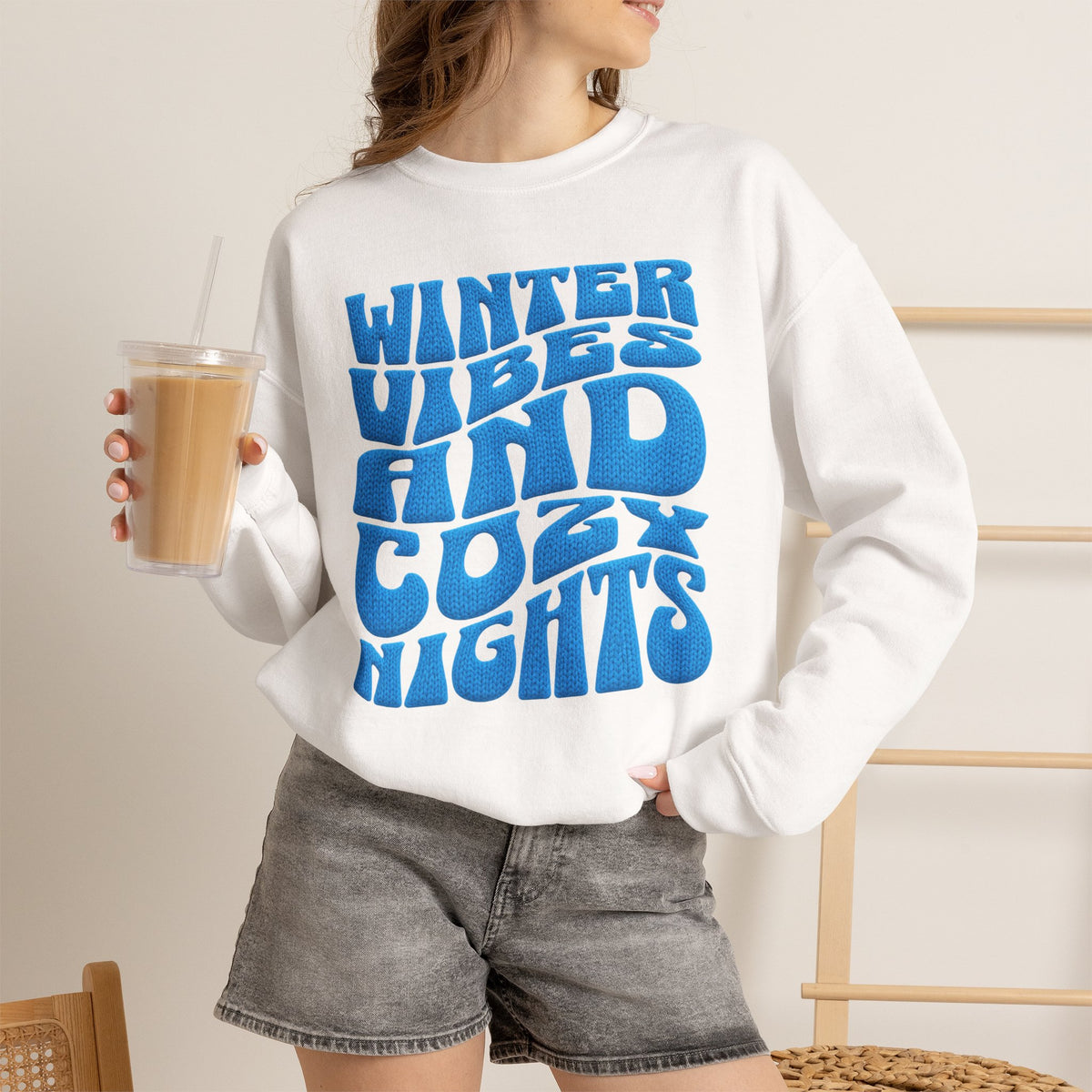 Winter Vibes And Cozy Nights Sweatshirt, Retro Wavy Bubble Letter Sweatshirt, Winter Quote Crewneck, Cozy Season Sweater, Trendy Winter Top