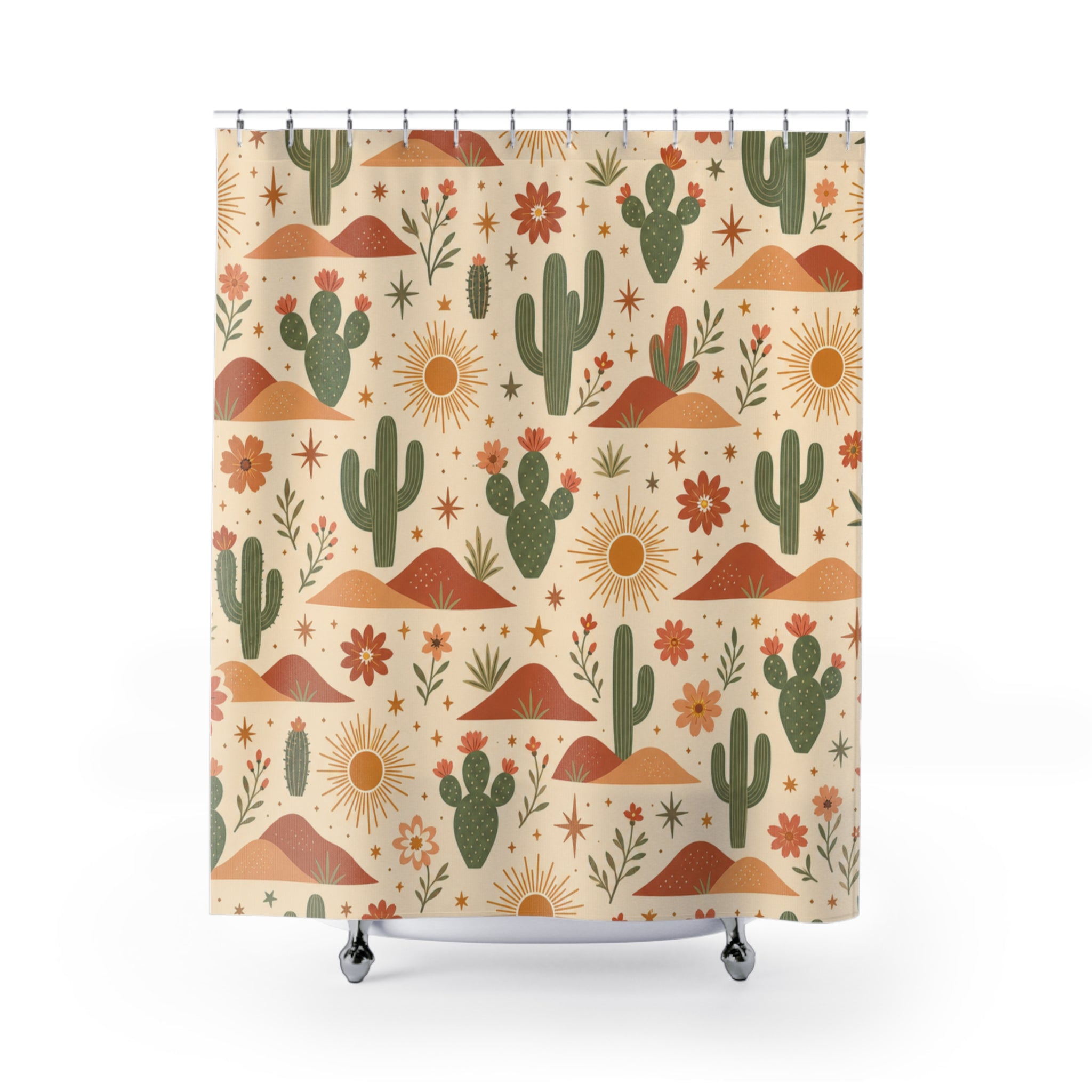 Boho Desert Cactus Shower Curtain, Terracotta Sun Mountain Bathroom Decor, Southwestern Cactus Bath Curtain, Cottagecore Desert Home Gift