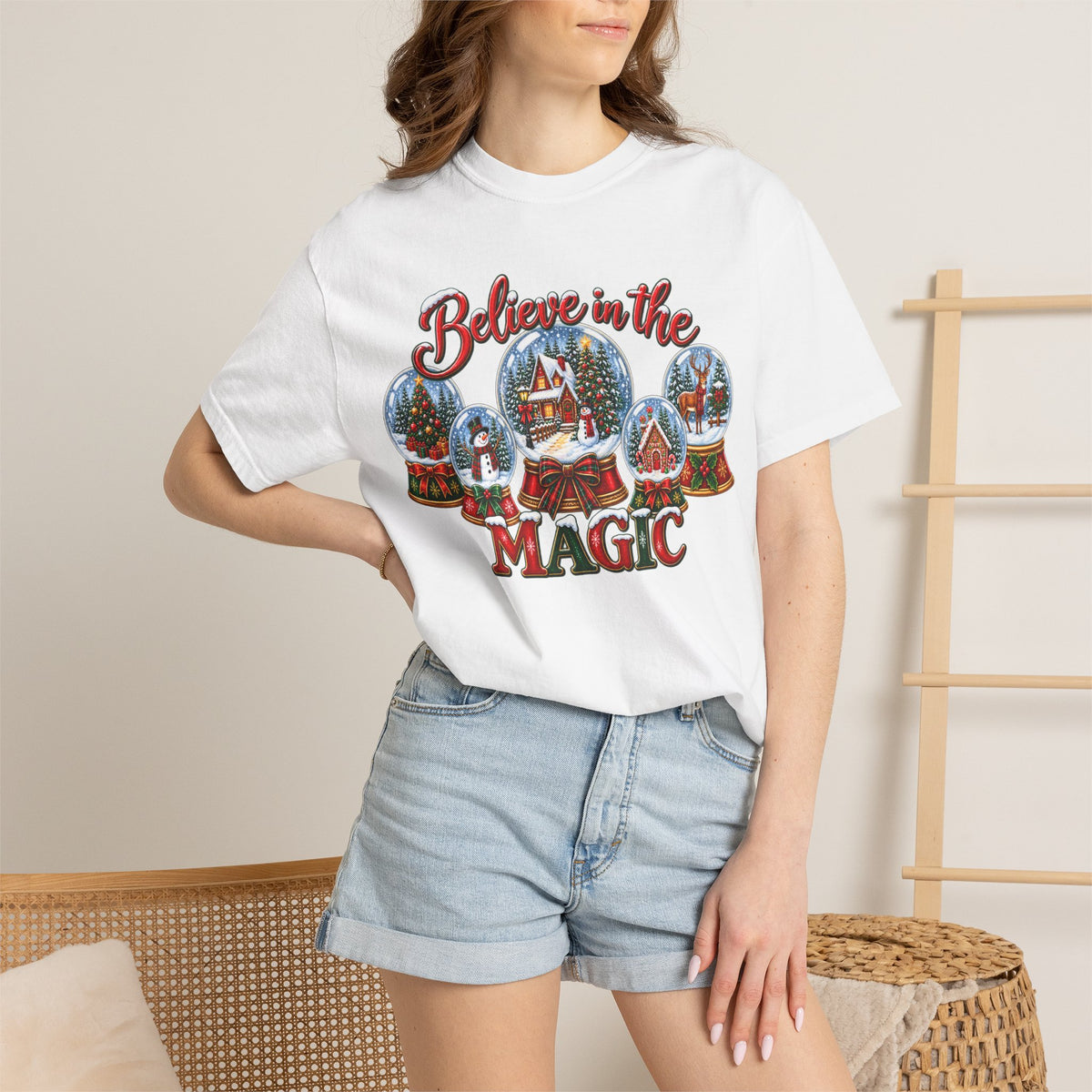 Comfort Colors Believe in the Magic Snow Globe Christmas T-shirt | Holiday Santa Village Design