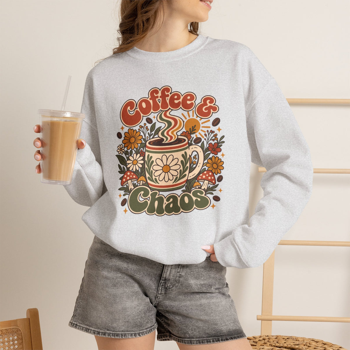 Coffee & Chaos Sweatshirt, Retro Floral Coffee Mug Shirt, Wildflower Mushroom Graphic Tee, Trendy Coffee Lover Gift, Cottagecore Crewneck