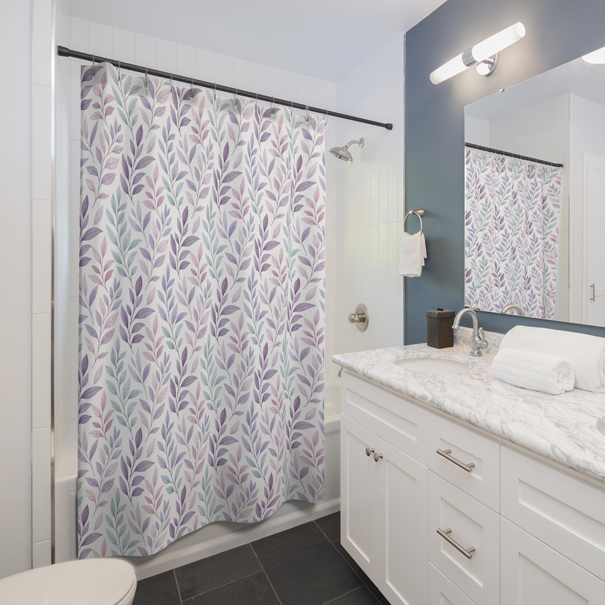 Purple Botanical Leaf Shower Curtain, Watercolor Leaves Bathroom Decor, Boho Floral Teal Mauve Bath Curtain, Minimalist Nature Home Gift
