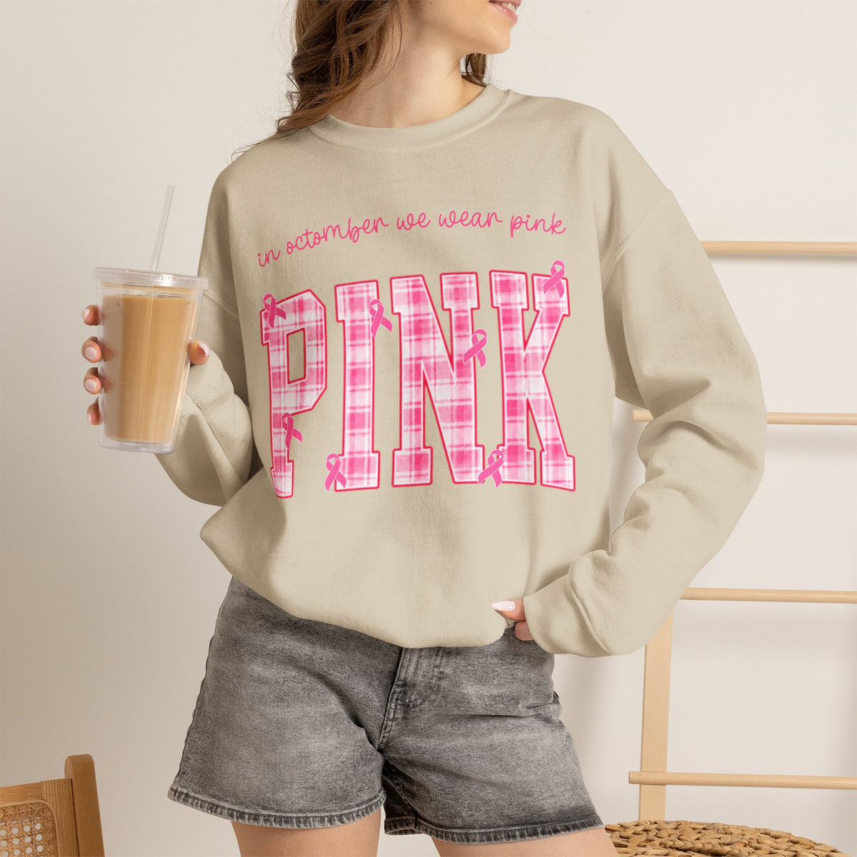 In October We Wear Pink Sweatshirt, Breast Cancer Awareness Top, Pink Plaid Design, Survivor Support Shirt, Pink Ribbon Top