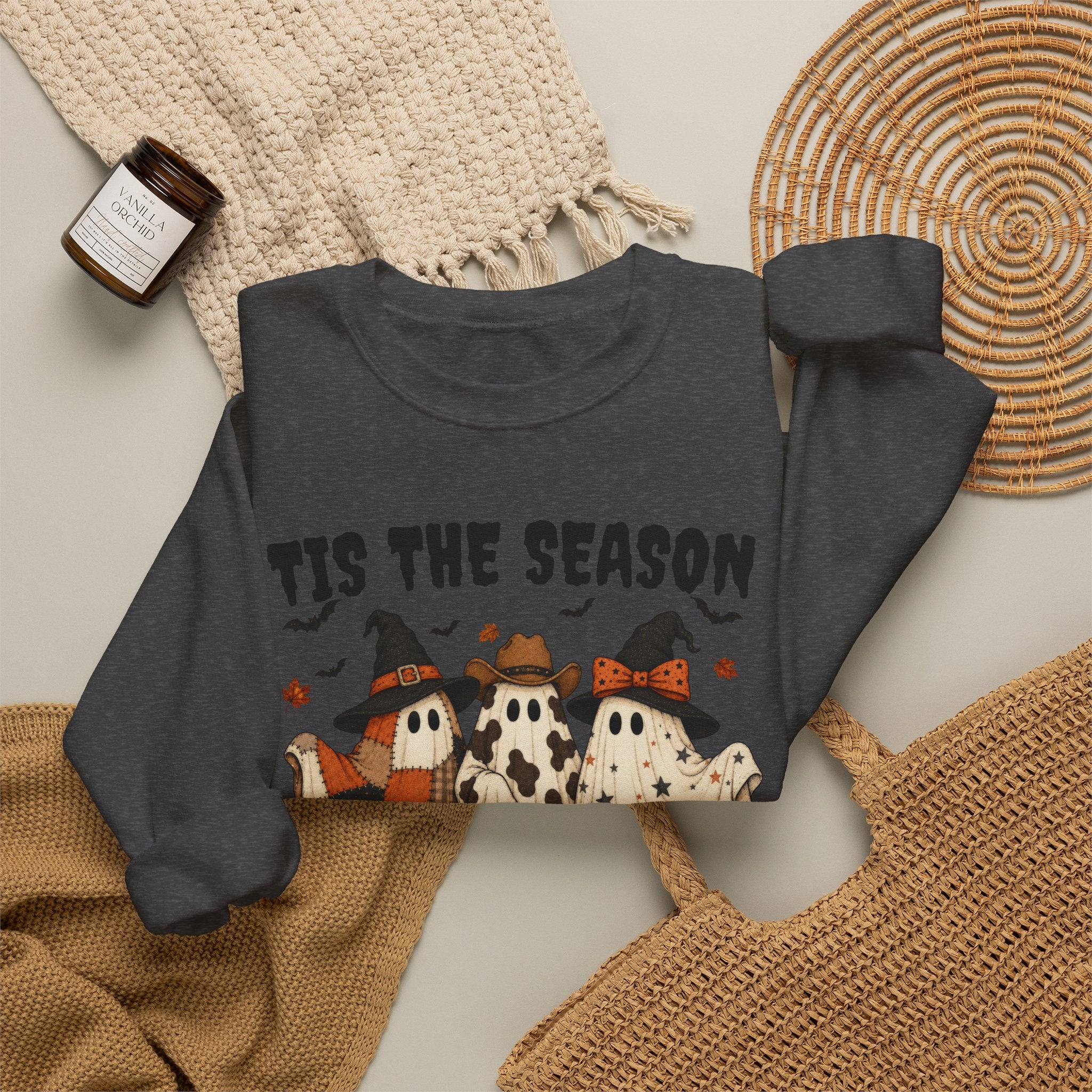 Tis The Season Ghost Sweatshirt, Halloween Ghost Crewneck, Witch Hat Ghost Shirt, Cow Print Plaid Ghost Sweater, Fall Halloween Top