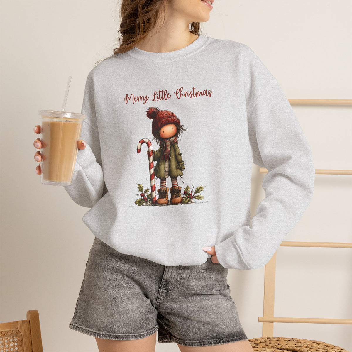 Merry Little Christmas Sweatshirt, Whimsical Girl Candy Cane Shirt, Cute Holiday Crewneck, Christmas Girl Tee, Xmas Gift Sweatshirt for Her