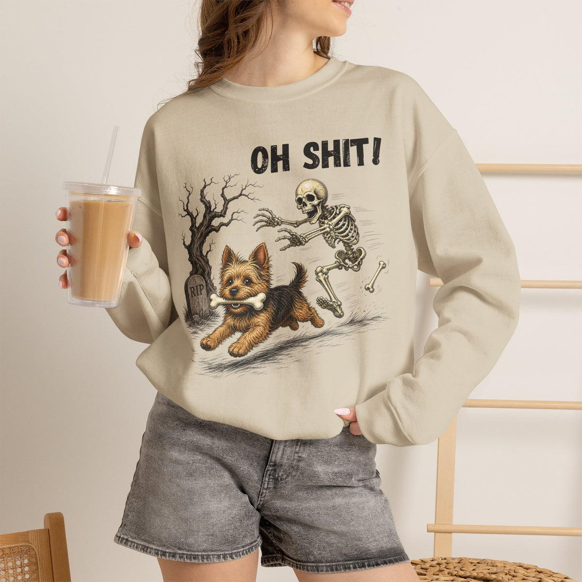 OH SHIT! Funny Skeleton Halloween Sweatshirt, Yorkie Terrier Dog Lover Shirt, Funny Fall Sweatshirt, Halloween Dog Mom Gift, Trick Treat